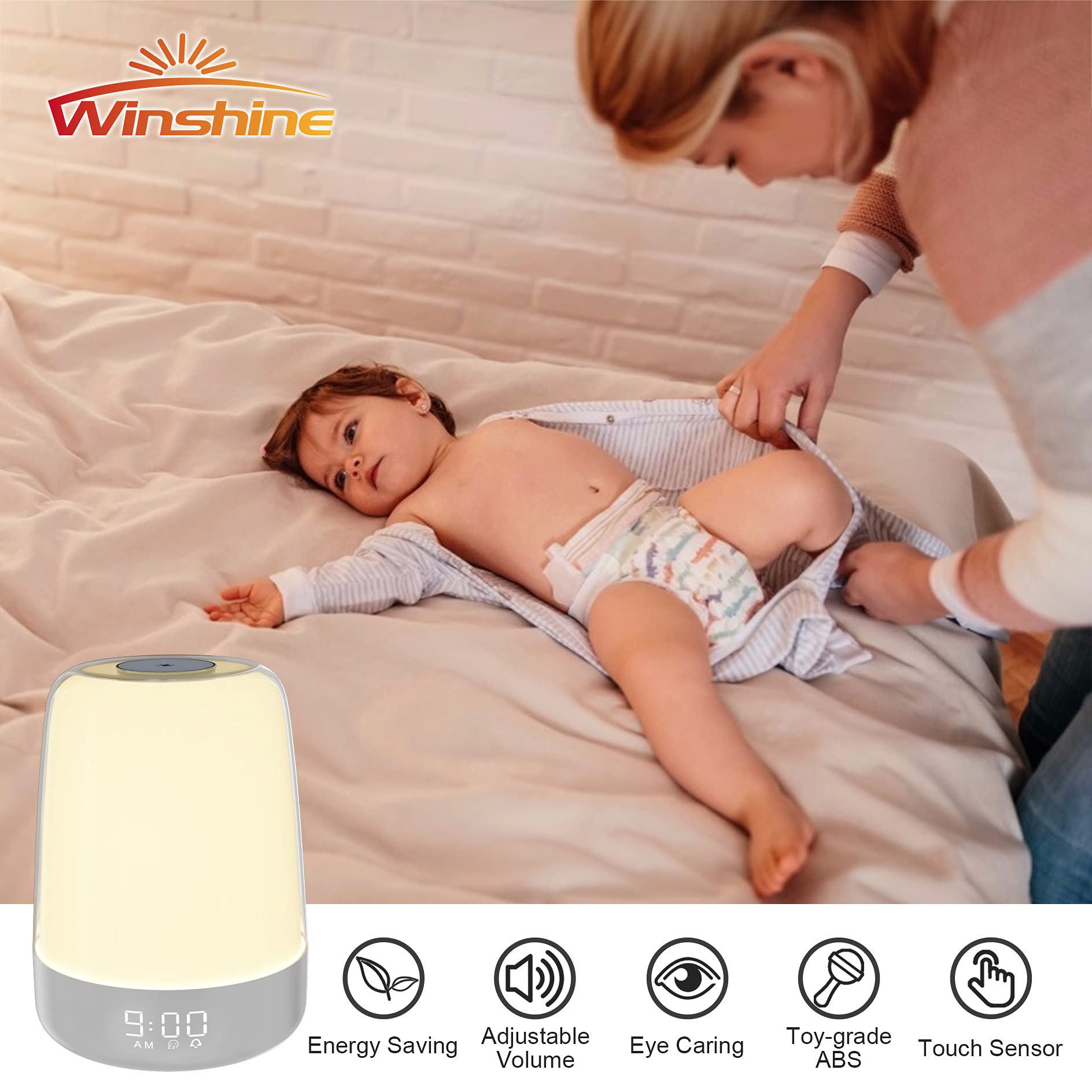 Winshine Sunrise Simulation Alarm Clock & Night Light - 3-Way Dimmable Warm White Bedside Lamp with RGB Ambient Lighting for Kids Bedrooms, Sleep Aid with Snooze Timer - Perfect for Nighttime Feedings, Reading & Relaxation