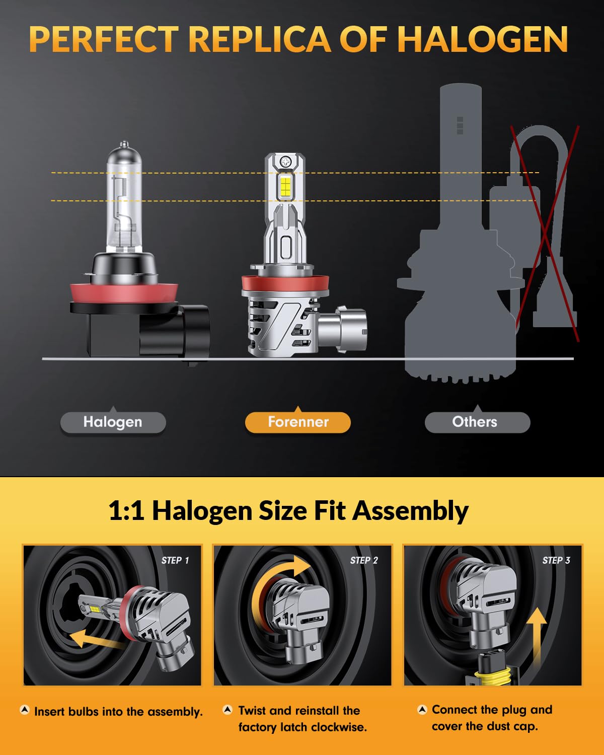 Forenner Upgraded H11 9005 LED Bulbs Combo - 52000LM 800% Brighter H11/H9/H8 9005/HB3 Headlight Bulbs, Plug-N-Play with Cooling Fan, CANBUS Ready, Non-Polarity, IP68 Waterproof Fog Lights (Pack of 4) - Perfect for Night Driving, Off-Roading & Extreme Weather Conditions