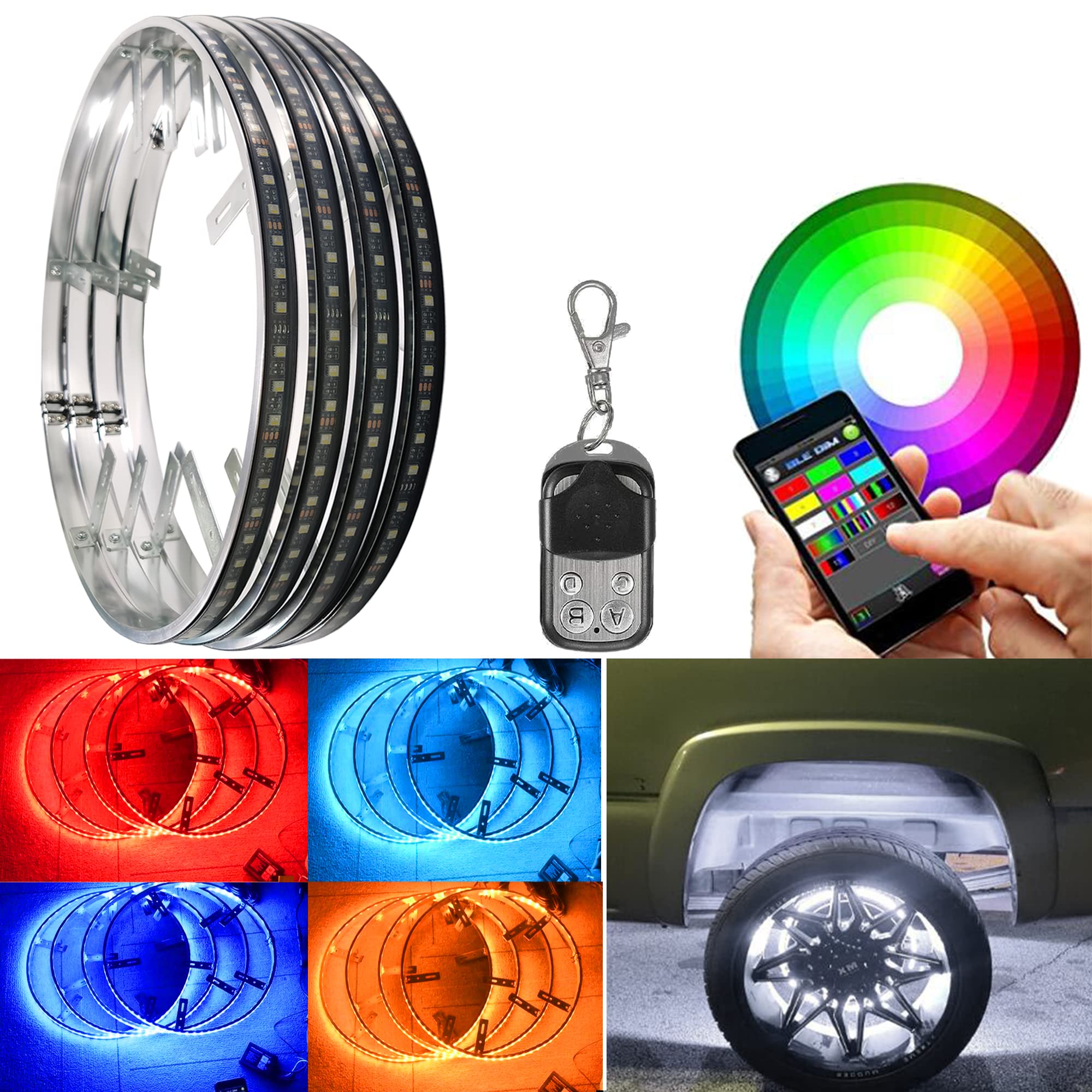 4Pcs 15.5in RGBW LED Wheel Ring Lights with Brake Function & White Courtesy Light - Waterproof Wheel Well Rim Lights for Trucks, SUVs, Cars - Wireless RF Remote & App Control - Perfect for Off-Roading, Car Shows & Night Driving