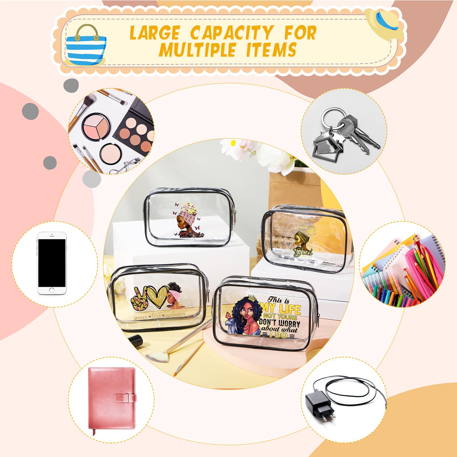 Sweetude 4-Piece African American Makeup Bag Set - Waterproof Travel Toiletry Organizer with Zipper, Funny Inspirational Cosmetic Pouches for Black Women | Perfect for Travel, Gym, Work & Daily Essentials Storage