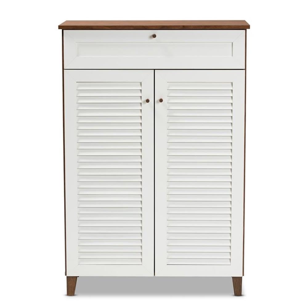 BOWERY HILL Modern 5-Shelf Shoe Storage Cabinet with Drawer - White & Walnut Wooden Shoe Organizer for Entryway, Closet, and Bedroom Organization
