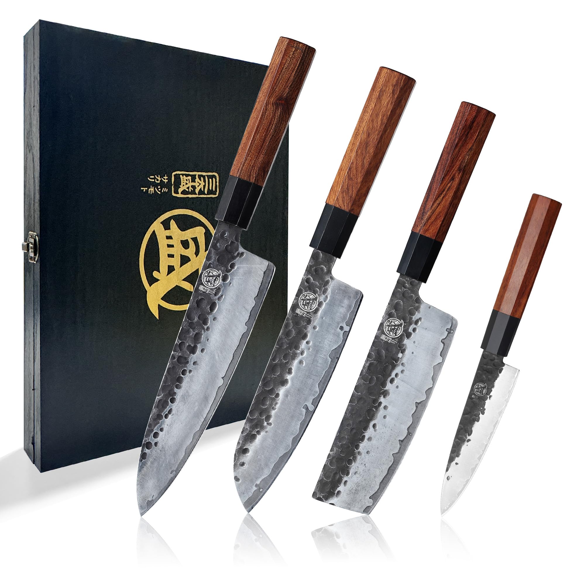 Premium Japanese Chef Knife Set 4 Pcs - Hand Forged High Carbon Steel Kitchen Knives with Rosewood Handle & Sandalwood Gift Box - Ultra Sharp Professional Cooking Knives for Sushi, Meat Cutting & Vegetable Prep