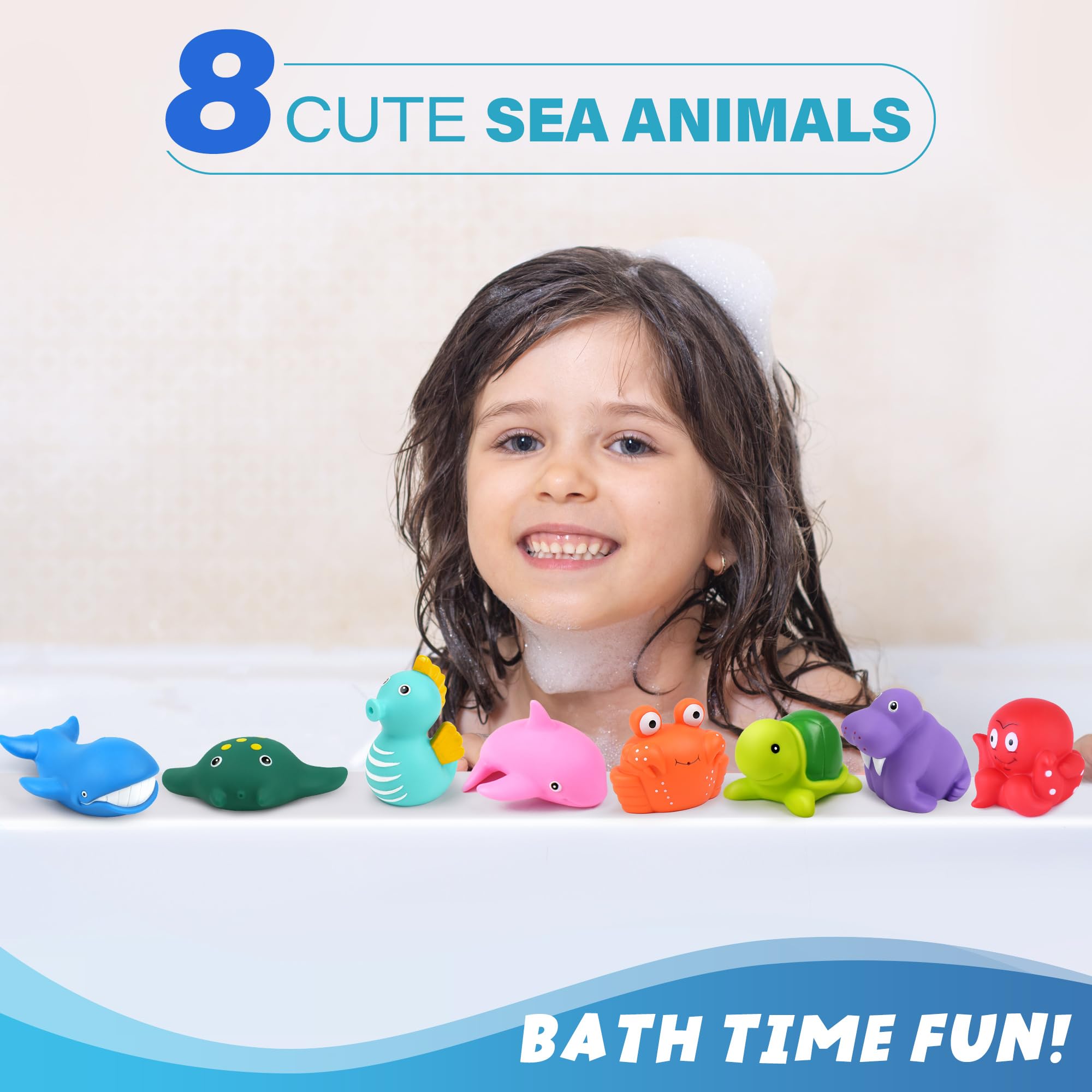 LotFancy 8PCS Mold Free Baby Bath Toys for Toddlers 1-4 Years - Soft Ocean Sea Animal Bathtub Toys for Kids | Fun Bath Time Learning & Sensory Play for Boys and Girls
