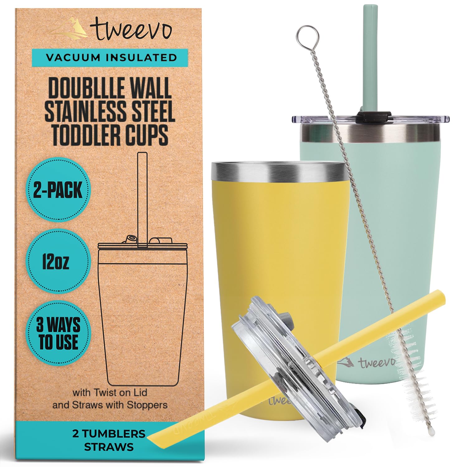 Tweevo 8.5oz Stainless Steel Kids Tumblers with Spill-Proof Screw Lids - Insulated Toddler Cups with Straws & Cleaning Brush - BPA-Free Baby Water Bottles for Boys Girls (Yellow & Blue) - Perfect for School, Travel, and Outdoor Activities