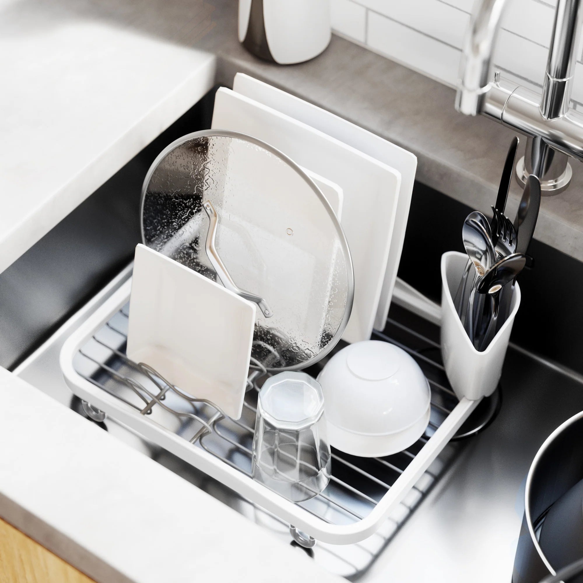 Stainless Steel Countertop Dish Rack with Drying Tray - Space Saving Kitchen Organizer for Dishes, Cups & Utensils - Perfect for Small Apartments, RVs & Compact Kitchens