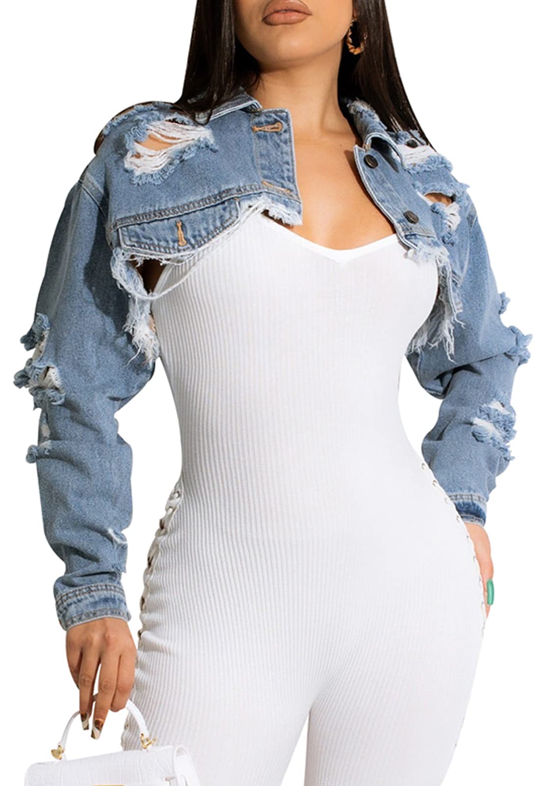 Women's Cropped Denim Jacket - Distressed Ripped Long Sleeve Washed Denim Jacket for Casual Outfits | Perfect for Spring Layering & Streetwear Fashion