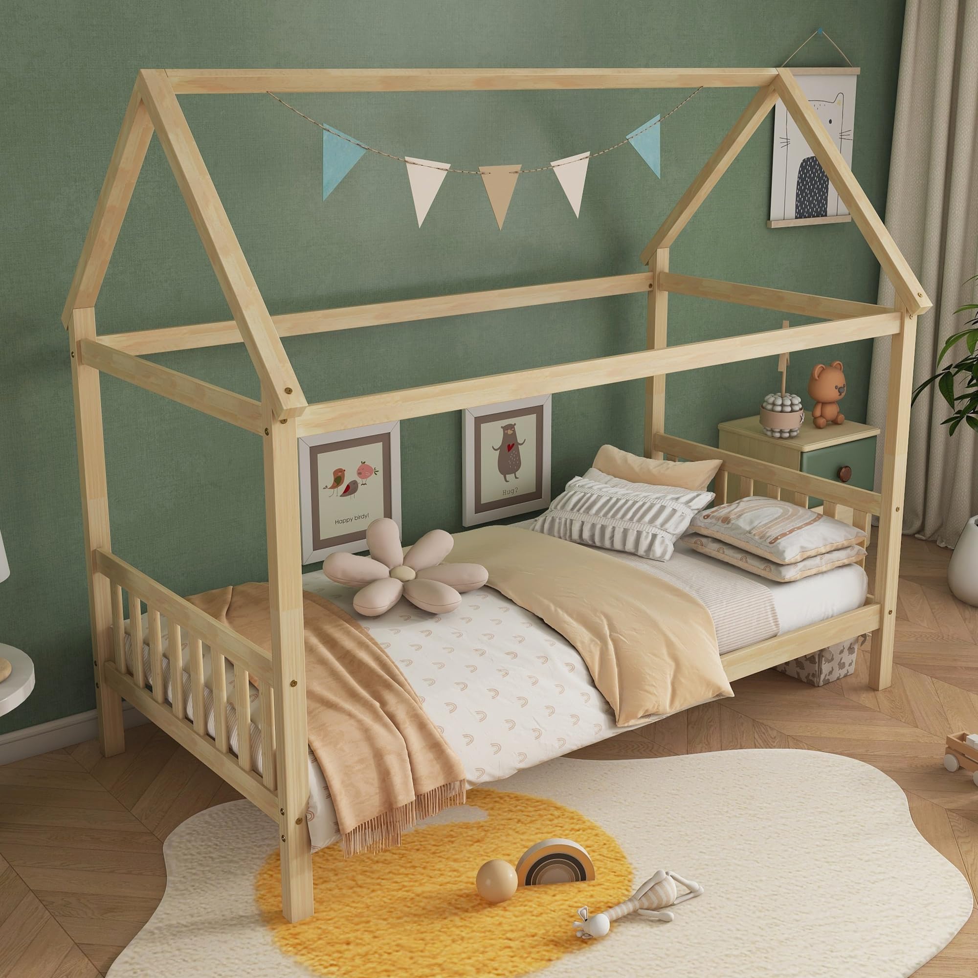 Montessori Twin Size House Bed for Kids - Solid Rubber Wood Platform Bed with Headboard, Footboard & Roof - Low Profile Bed Frame for Girls, Boys & Teens - Natural Wood Finish - Perfect for Bedrooms, Playrooms & Montessori Learning Spaces