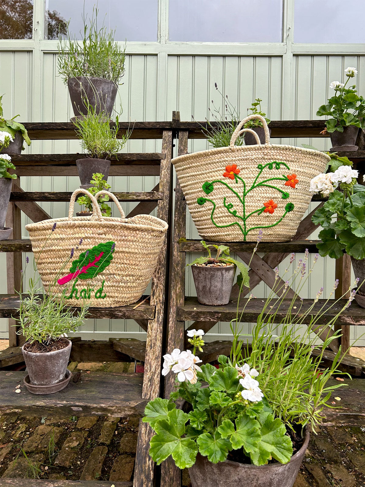 Hand Embroidered Market Basket with Nasturtium Design - Eco-Friendly Cotton Tote for Grocery Shopping, Farmers Market & Beach Outings