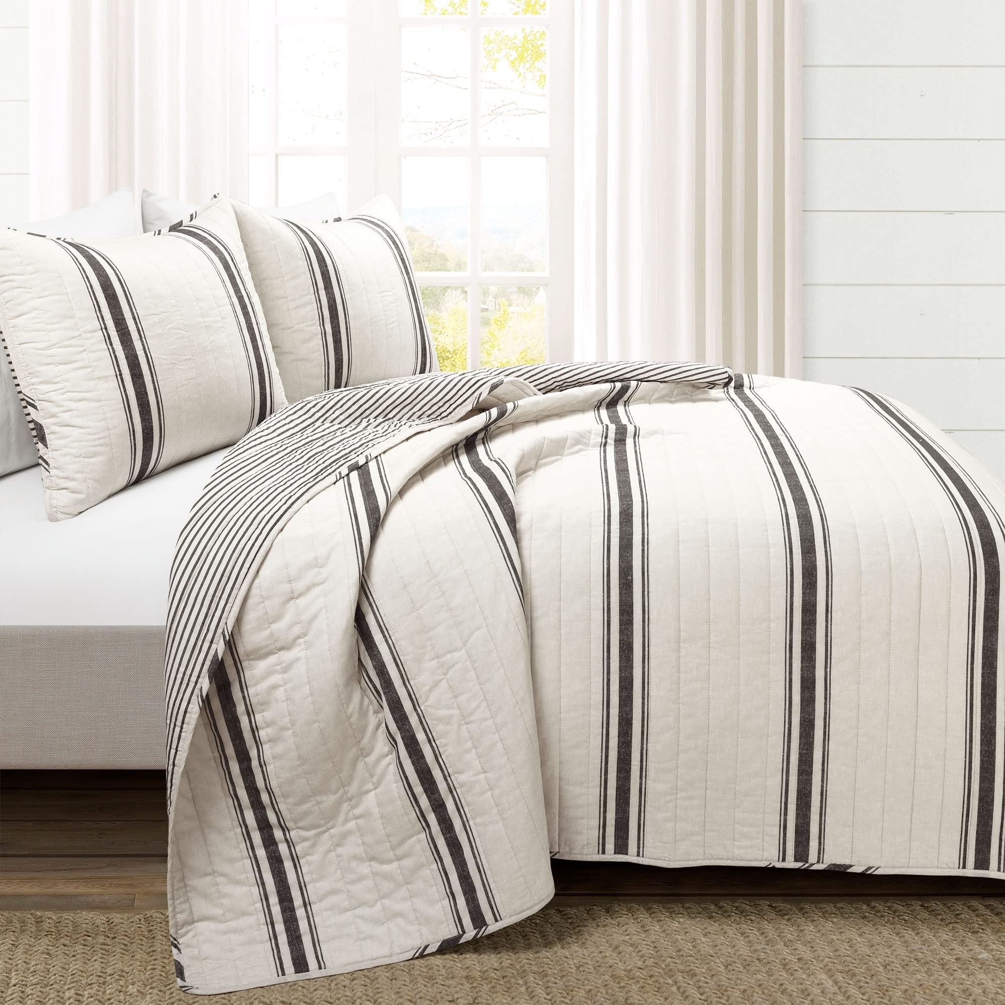 Lush Decor Reversible Cotton Quilt Set - 3 Piece King Size Farmhouse Bedding in Black & White Stripes | Cozy Rustic Decor for Modern Farmhouse Bedrooms | Perfect for Guest Rooms, Master Bedrooms & Cozy Winter Nights