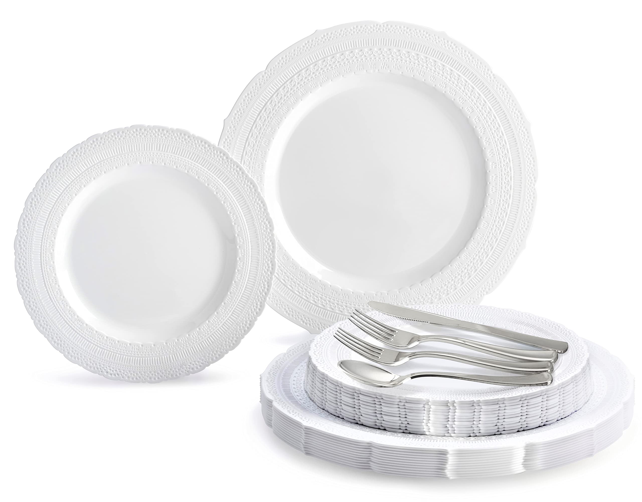 720-Piece Heavyweight Vintage Wedding Disposable Plastic Plate Set (120 Guests) - Premium Chateau White Plates with Silver Silverware & Double Forks | Elegant Dinnerware for Weddings, Parties, Banquets & Special Events