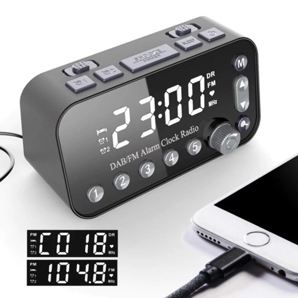 SVNA Digital Alarm Clock with DAB/FM Radio, Dual USB Charging Ports, Adjustable Backlight & Volume - Perfect for Bedroom, Office, and Travel Use