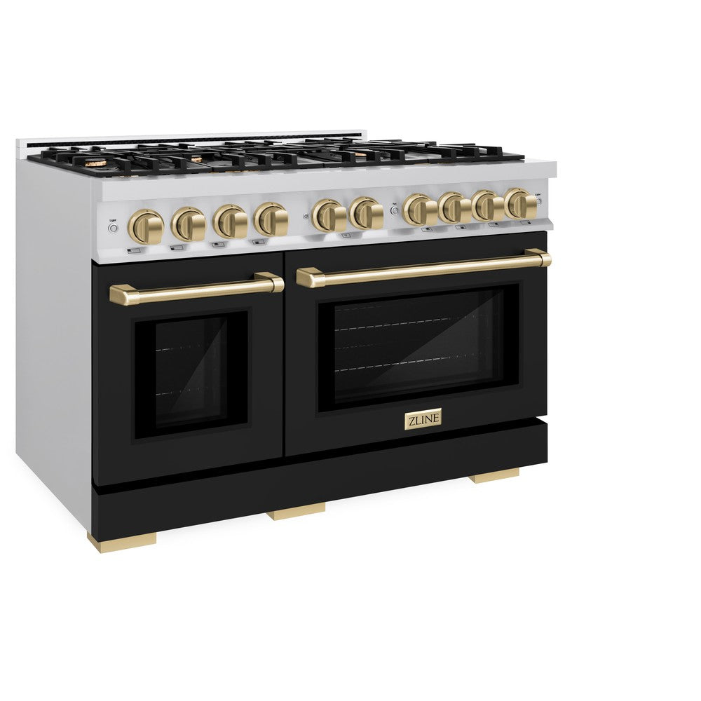 ZLINE Autograph Edition 48-Inch 6.7 cu. ft. Professional Double Oven Gas Range with 8 Burner Cooktop - Stainless Steel with Black Matte Doors & Champagne Bronze Accents (HGRZ BLM 48 CB) - Perfect for Gourmet Kitchens & Home Chefs