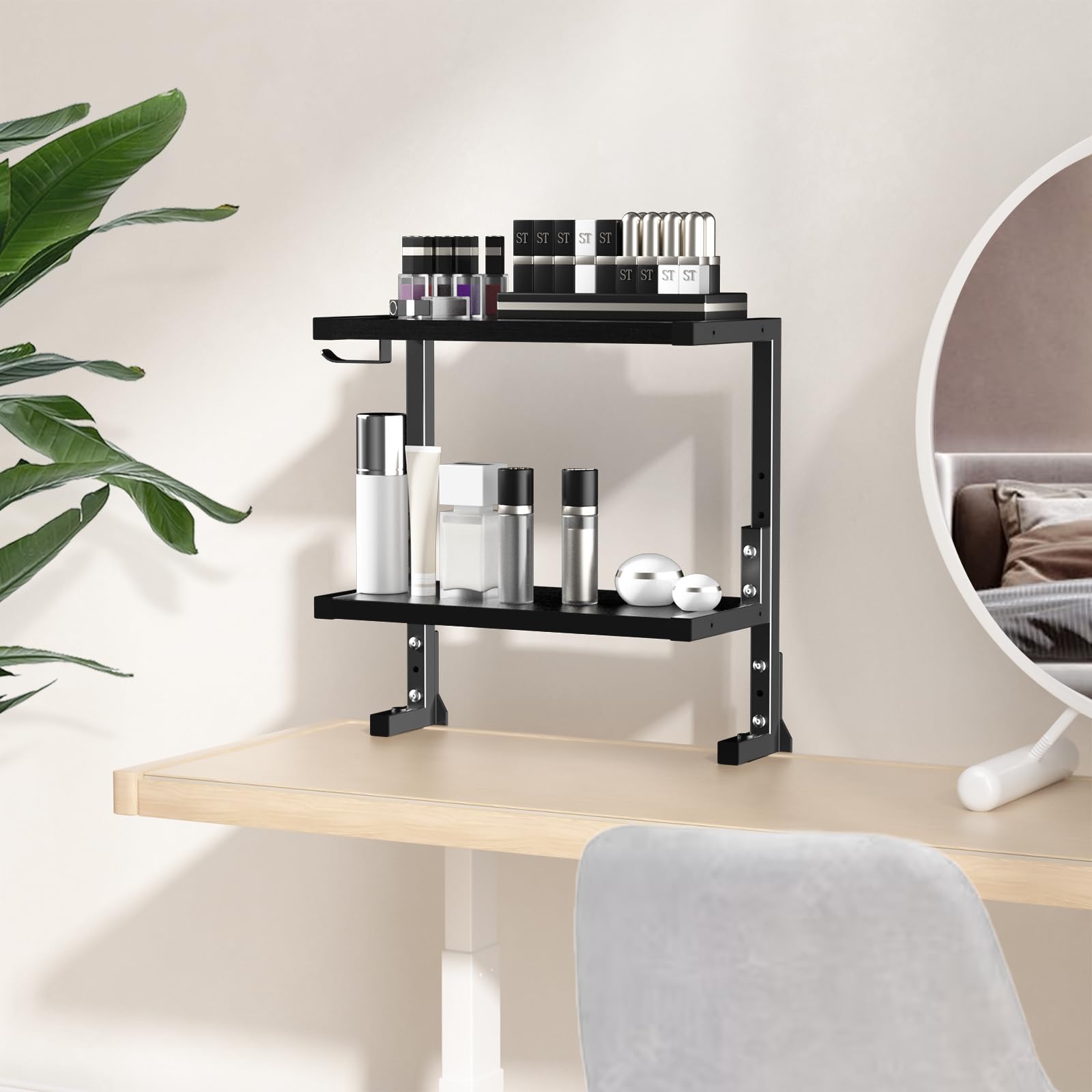 PUTORSEN 2-Tier Clamp-On Desk Shelf Organizer - Adjustable Height Monitor Stand with Hooks for Office, Gaming & Home Workspace - Black - Perfect for Desk Organization & Space Saving