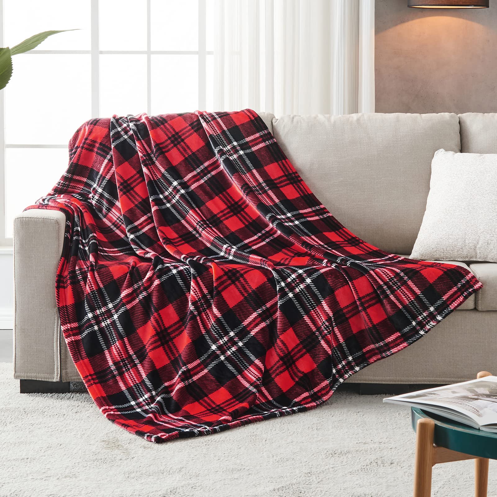 SOCHOW 90x90 Inch Flannel Fleece Throw Blanket - Soft Plaid Red & Grey All-Season Blanket for Bed, Couch, Car - Perfect for Cozy Nights, Movie Time & Travel Comfort