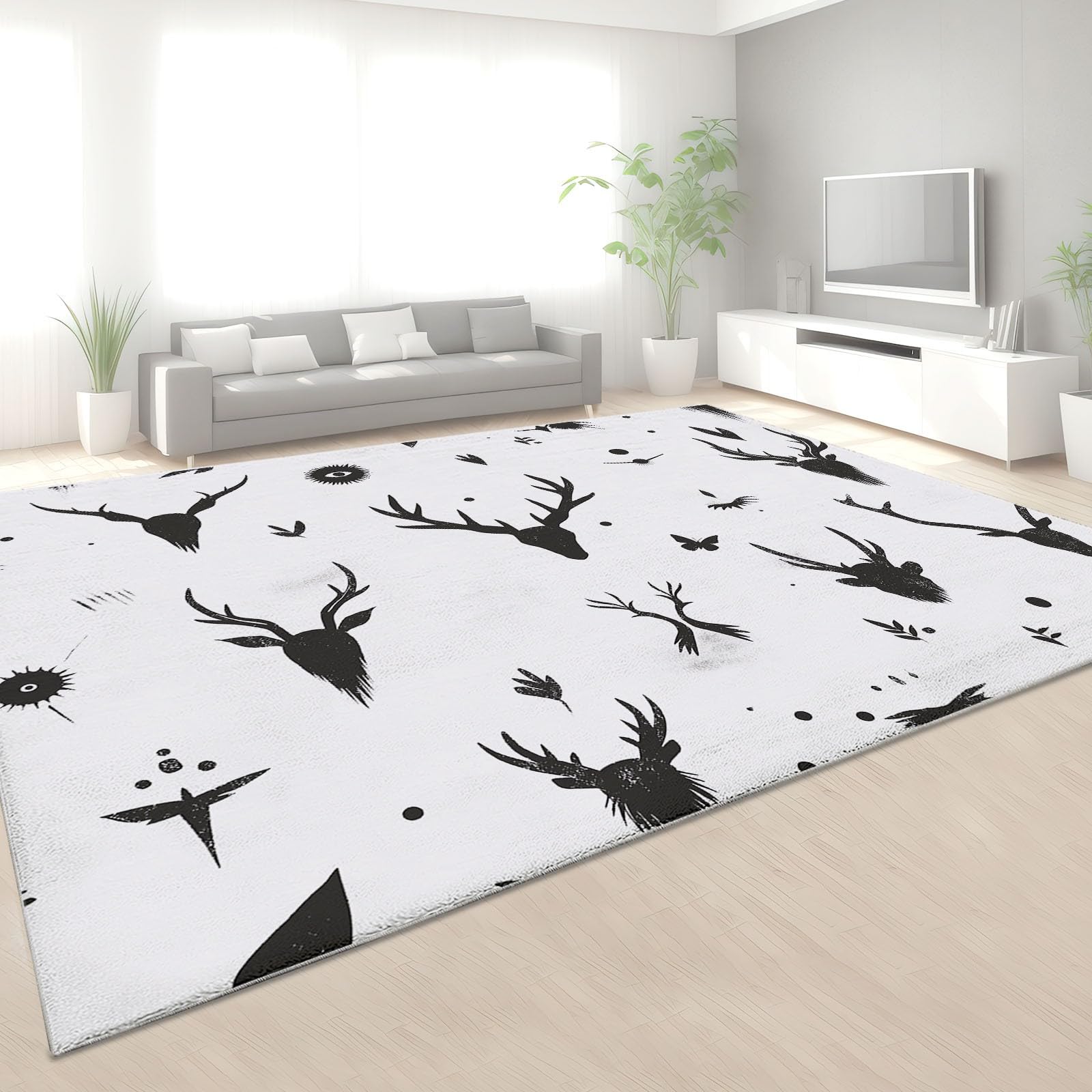 Viking Themed Animal Antlers Print Non-Slip Area Rug - Soft Low Pile Machine Washable Indoor Carpet for Living Room & Bedroom - 5x8 Feet Home Decor - Perfect for Nordic Style Home & Cabin Decor