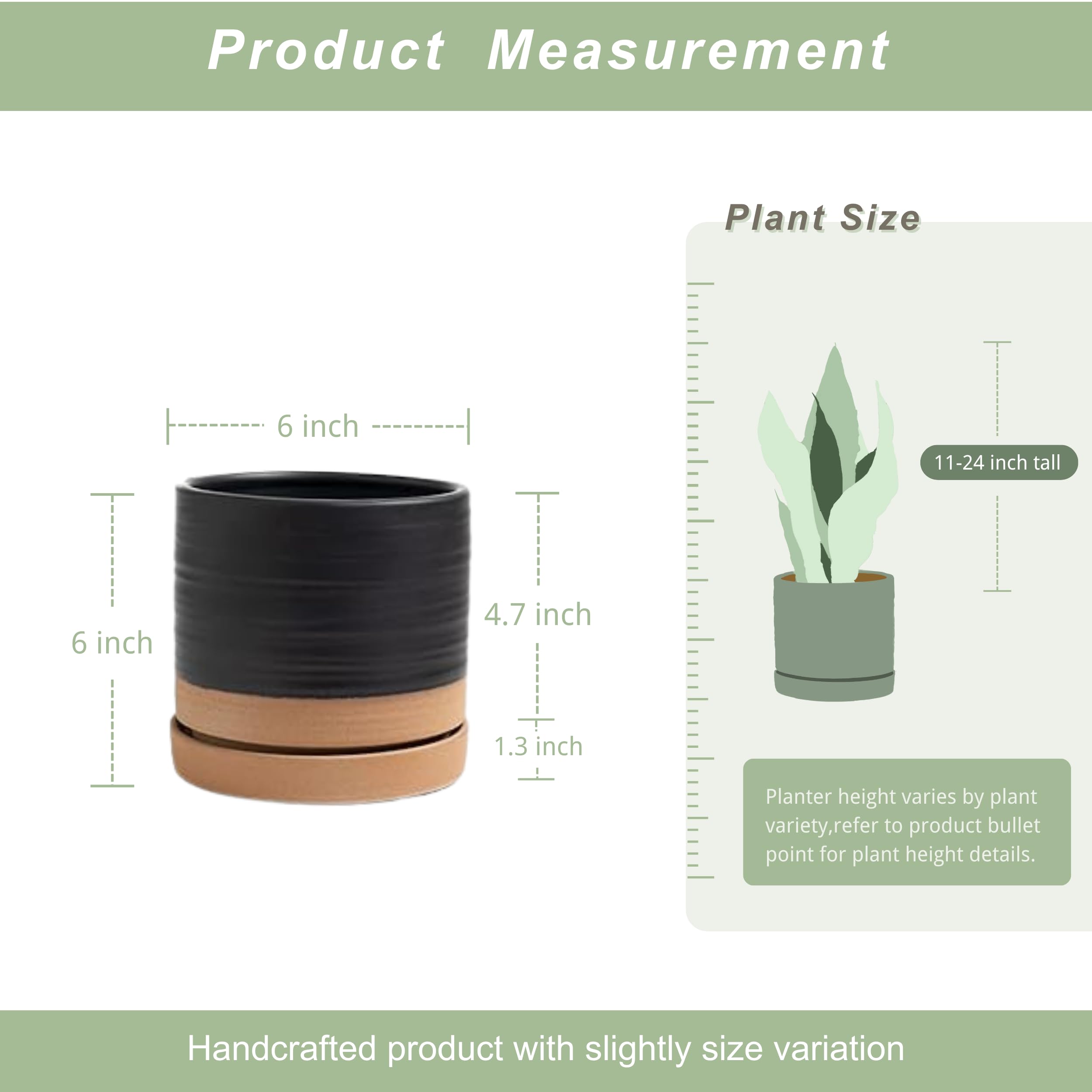 6 Inch Ceramic Plant Pots with Drainage Hole & Saucer - Indoor/Outdoor Cylinder Round Planter for Succulents, Herbs, Flowers - Matte Black & Brown Modern Home & Garden Decor