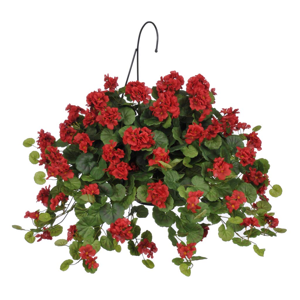 Artificial Red Geranium Silk Flowers in White Water Hyacinth Hanging Basket - Perfect for Porch Decor, Patio Hanging Plants, and Home Garden Decoration