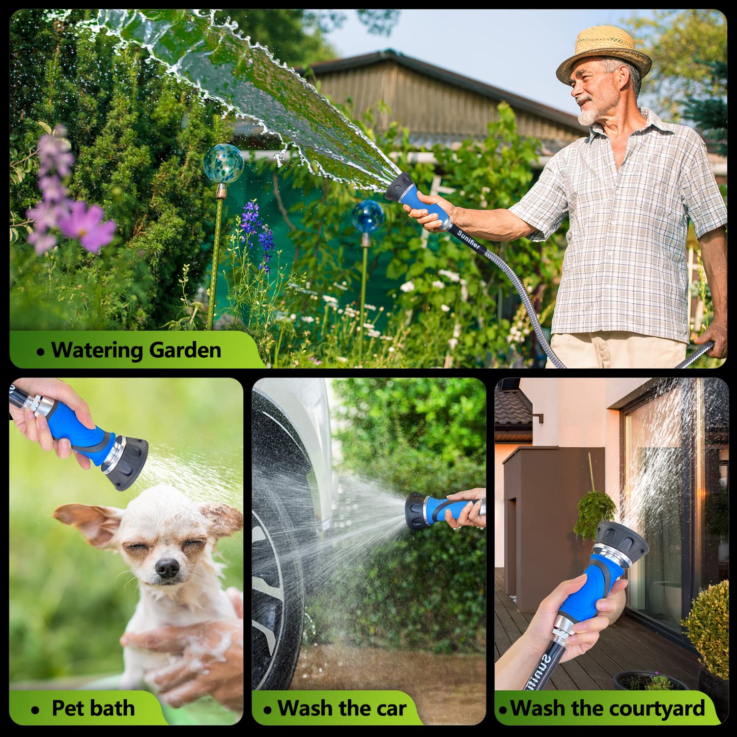 100 Ft Stainless Steel Metal Garden Hose - Heavy Duty Flexible Water Hose with High Pressure Nozzle Sprayer for Lawn, Yard & Outdoor Cleaning | Durable 100 Foot Hose for Gardening, Car Washing & Patio Use