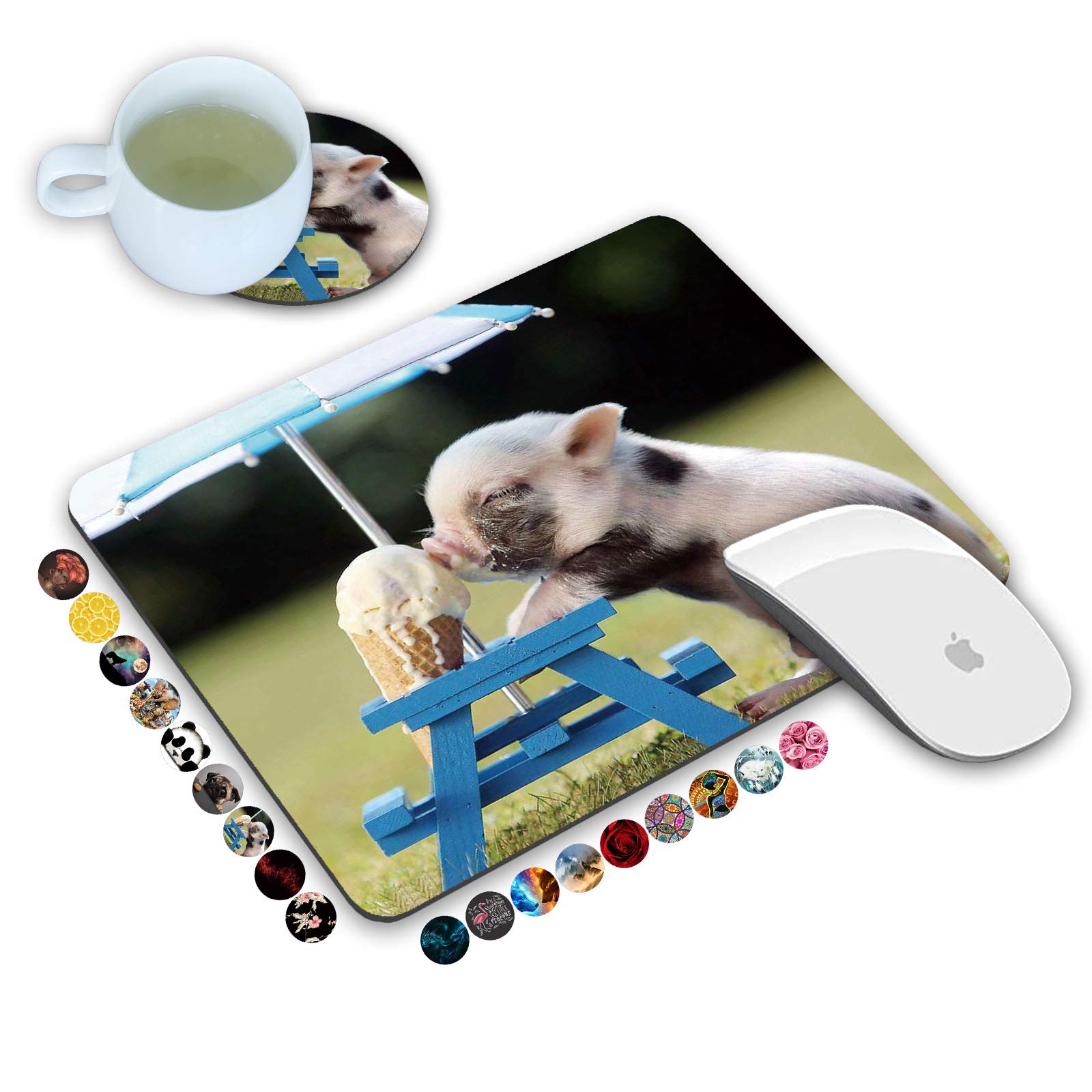 LOWORO Cute Pig Eating Ice Cream Mouse Pad & Coasters Set - Non-Slip Rubber Base Rectangle Mouse Pad for Laptop, Computer, Office & Gaming - Perfect for Work, Home & Gaming Setup Accessories