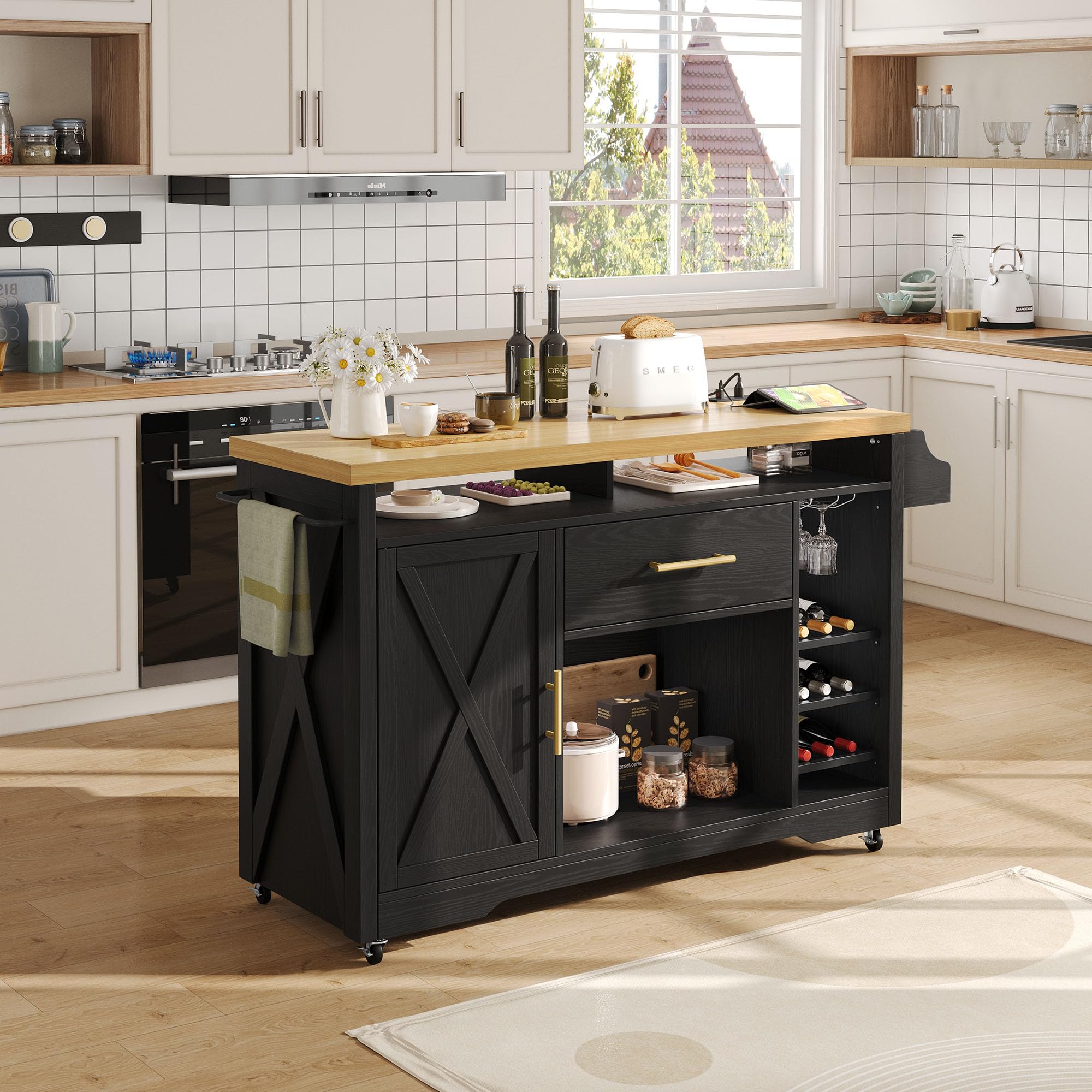 **YITAHOME 50-Inch Wide Black Kitchen Island with Power Outlet, Rolling Kitchen Cart with Wine Rack & Spice Rack, Mobile Storage Island with Glass Holder, Wheels for Easy Mobility – Perfect for Living Room, Kitchen, or Dining Area**