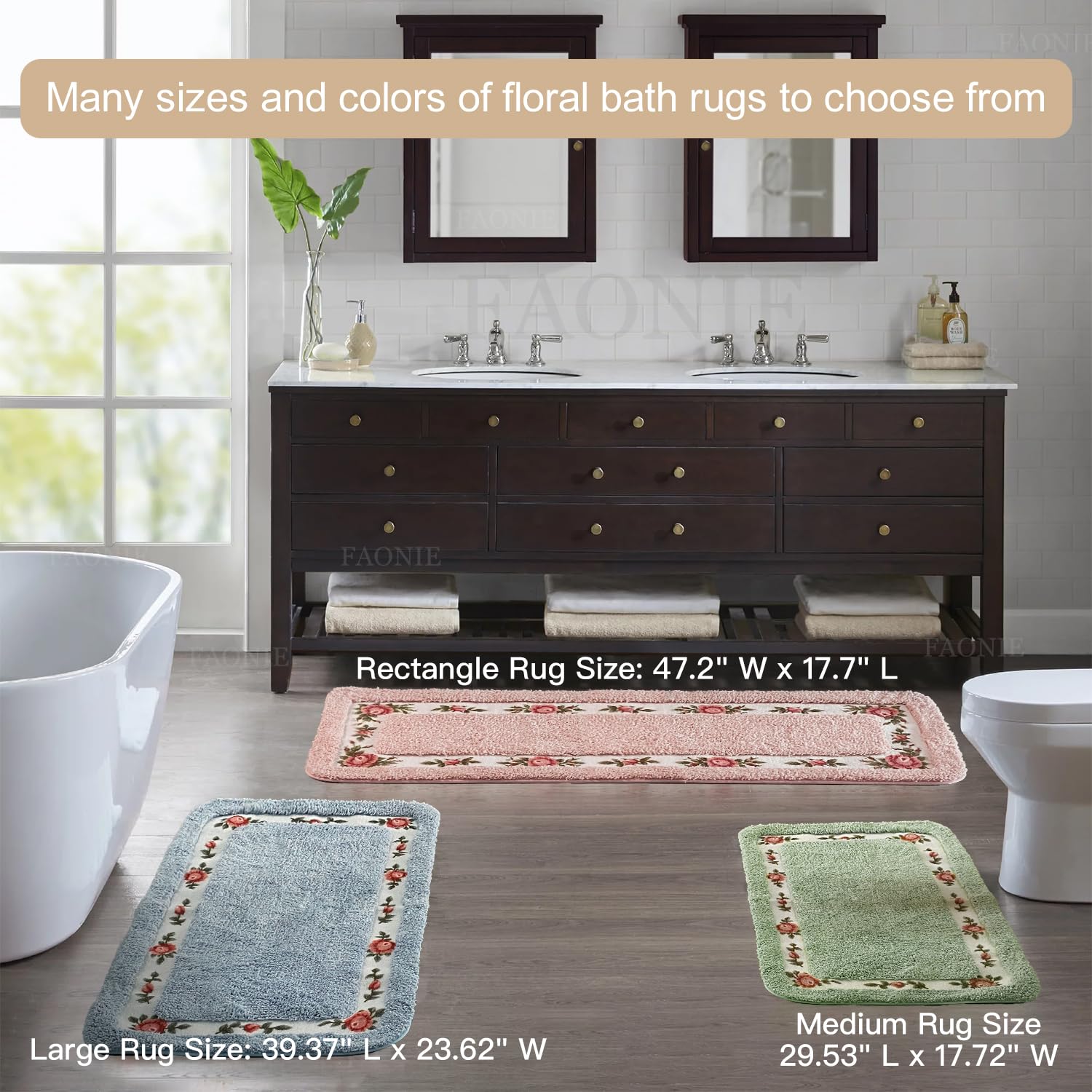 Floral Rose Shaggy Area Rug - Soft Non-Slip Bath Mat & Living Room Carpet, Light Green Large Size - Perfect for Bedroom Decor, Bathroom Shower & Cozy Home Flooring