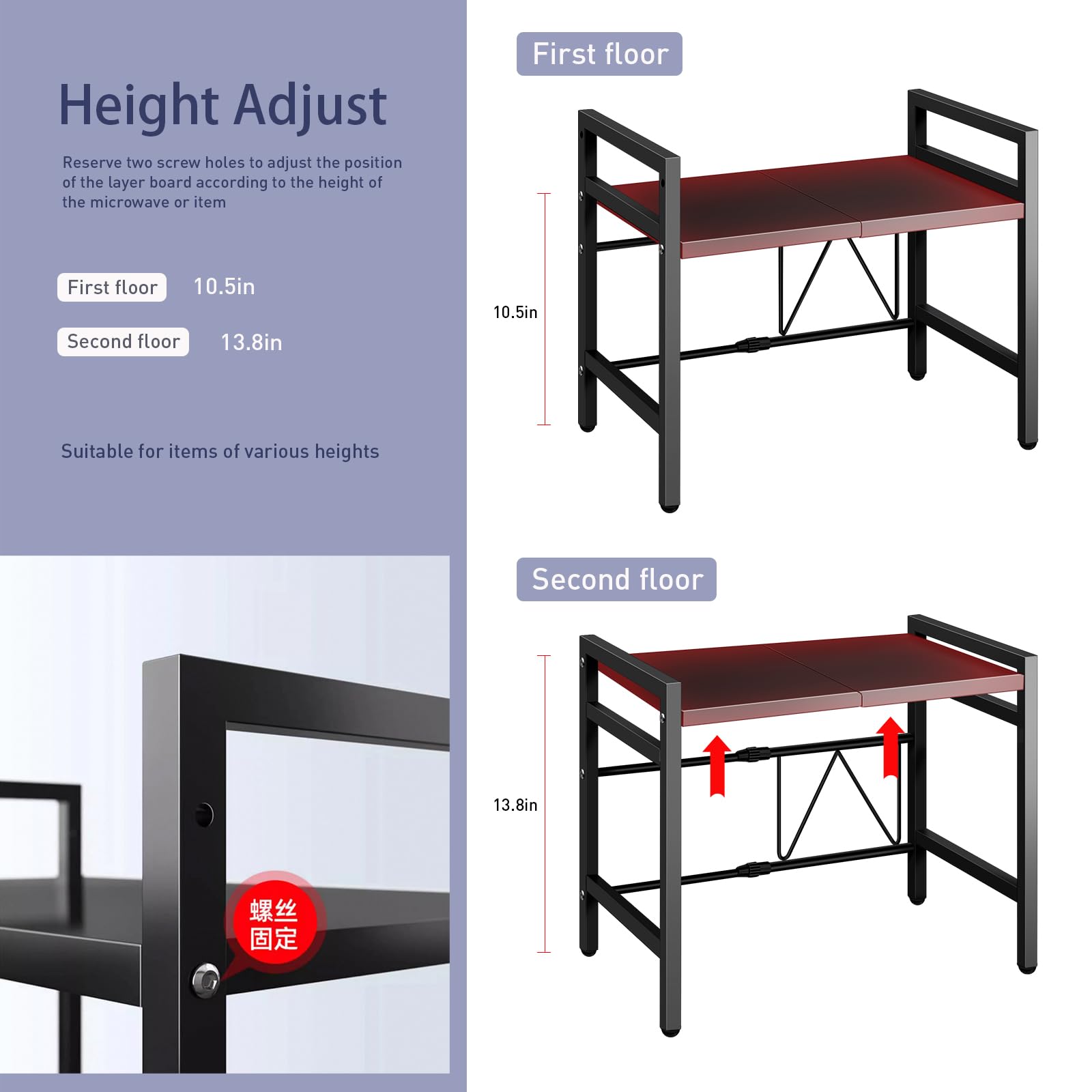 Adjustable Microwave Oven Rack with Hooks - 100lb Capacity Countertop Shelf for Kitchen Storage | Perfect for Small Spaces & Microwave Organization
