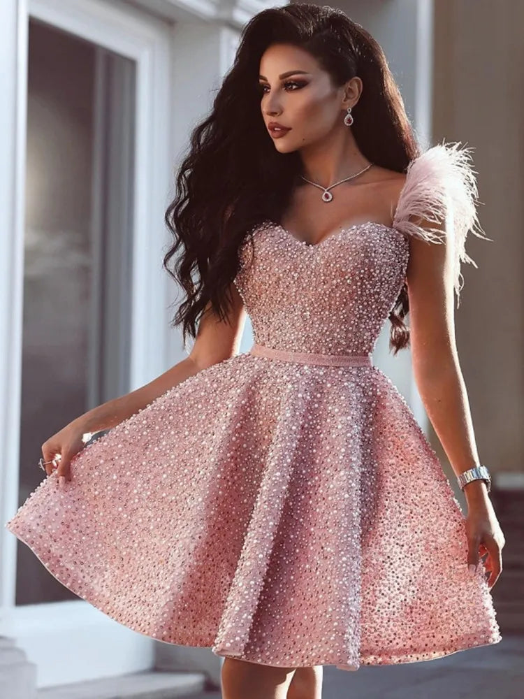 Luxury Short Cocktail Dresses for Women - Pink Crystal Beaded Homecoming Party Dress with Feather Trim | Elegant Evening Gown for Prom, Wedding Guest, Cocktail Party & Special Occasions