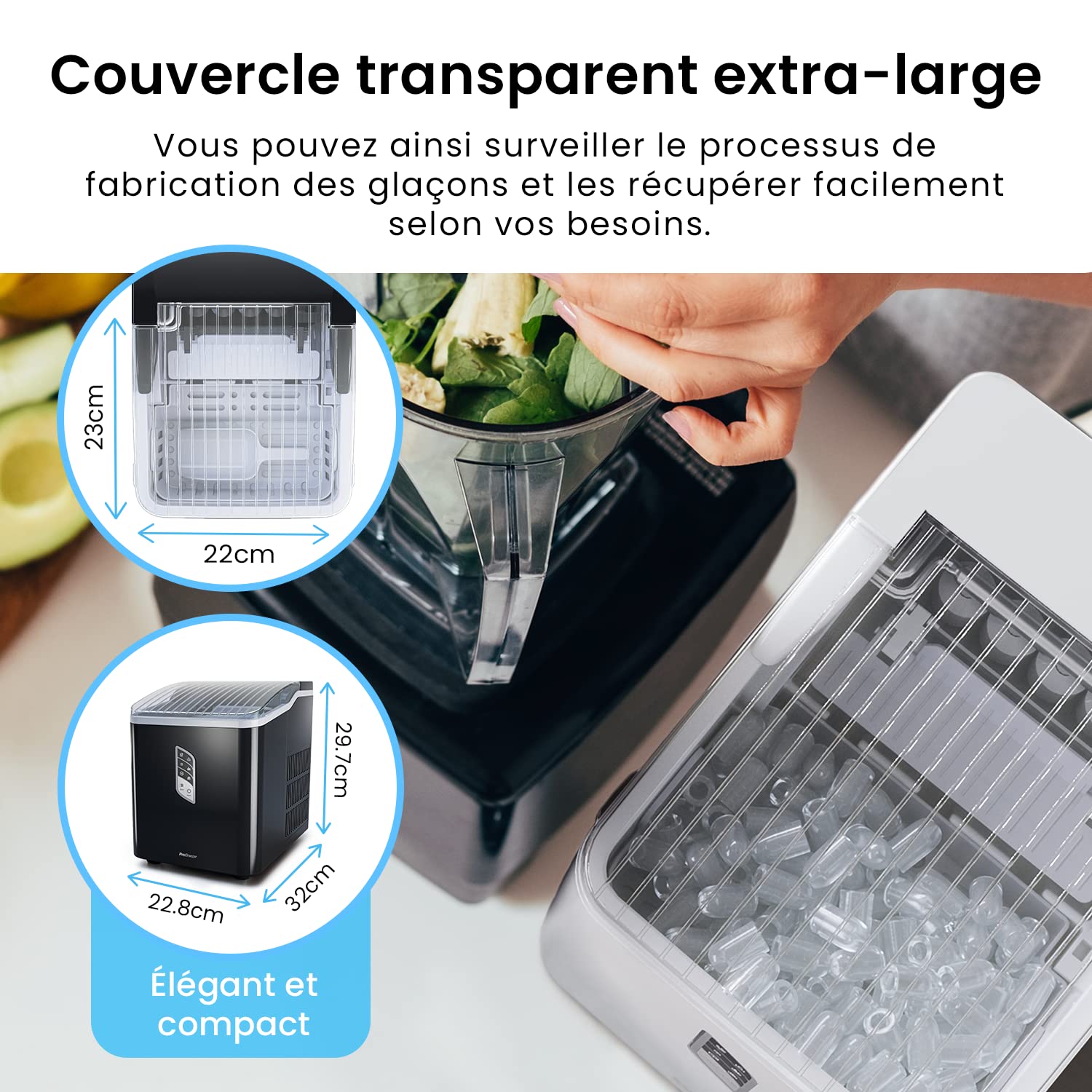 Pro Breeze Ice Maker Machine, 15kg/24H, Ready in 6-9 Minutes, 2 Ice Cube Sizes, 2L Water Tank with Ice Scoop, Large Transparent Lid - Perfect for Home Kitchen, Bar, Office & Outdoor Parties (White)