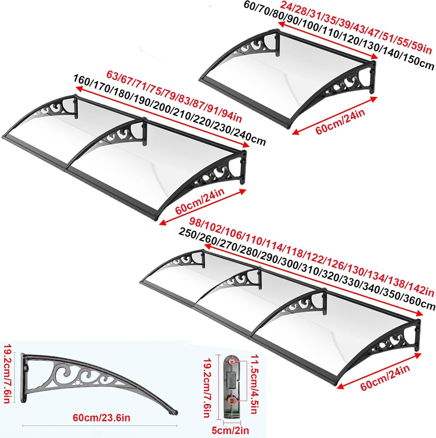Modern DIY Aluminum Door Awning - Curved Porch & Window Cover for Rain, Snow & Sun Protection (60x160cm/24