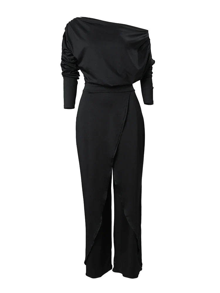 Elegant Women's Jumpsuits - Spring Office Wear Loose Ruched Cold Shoulder Split Hem Wide Leg Romper for Work, Party & Casual Outfits | Plus Size Options Available