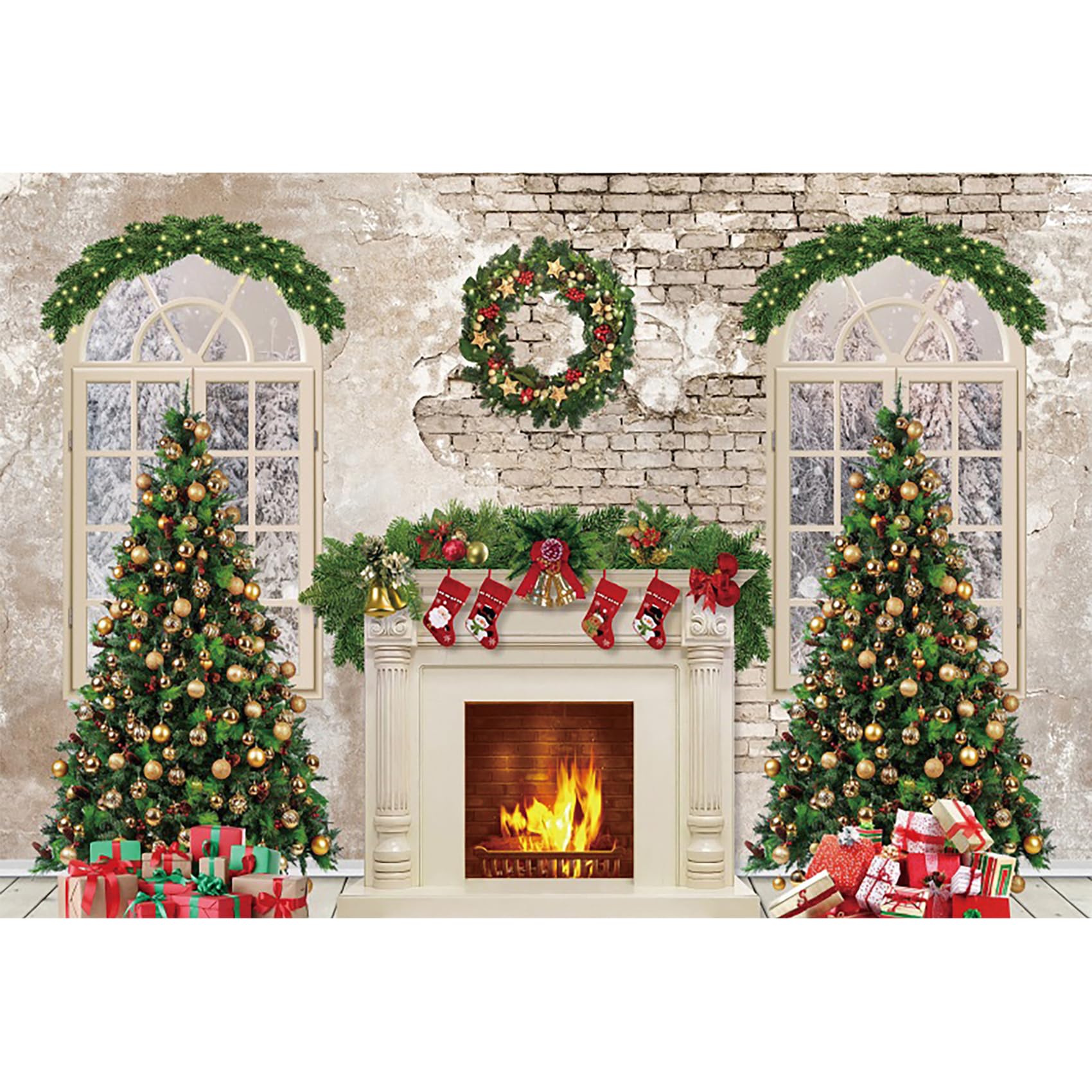 Baocicco 20x10ft Christmas Fireplace Backdrop with Vintage Trees, Red Socks & Gifts - Holiday Wall Decor for Merry Xmas, Winter Party, New Year Celebration - Perfect for Family Photos, Photo Booth Props & Festive Home Decoration