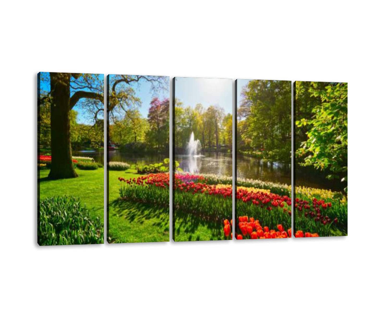 5 Panels Keukenhof Flower Garden Canvas Wall Art - Modern Framed Dutch Tulip Painting for Living Room, Bedroom & Office Decor - Ready to Hang 60x32 Inches - Netherlands Landscape Wall Decor for Home & Workspace