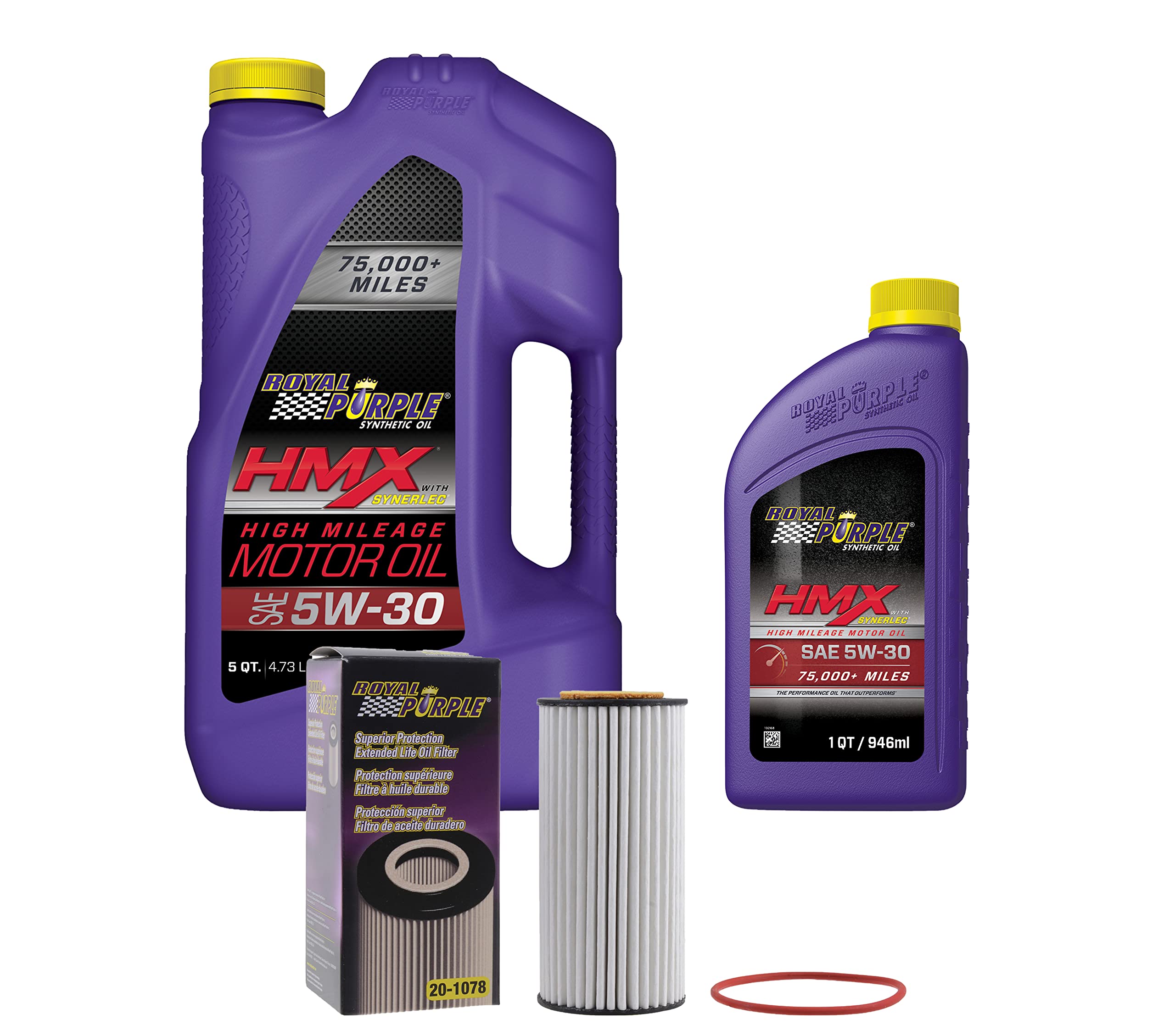 Royal Purple HMX® 5W-30 Synthetic High Mileage Motor Oil – 6 Quarts with 20-1078 Extended Life Premium Oil Filter | Ideal for Older Vehicles, High-Performance Engines & Extended Oil Change Intervals
