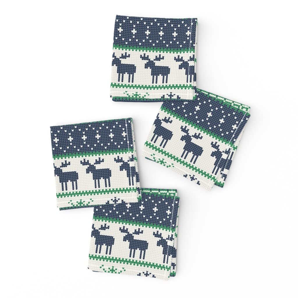 Premium Linen Cotton Canvas Cocktail Napkins Set of 4 - Christmas Fair Print with Moose, Winter Snowflakes in White, Blue & Green | Holiday Party, Dinner Table Decor, Gift Wrapping Accent