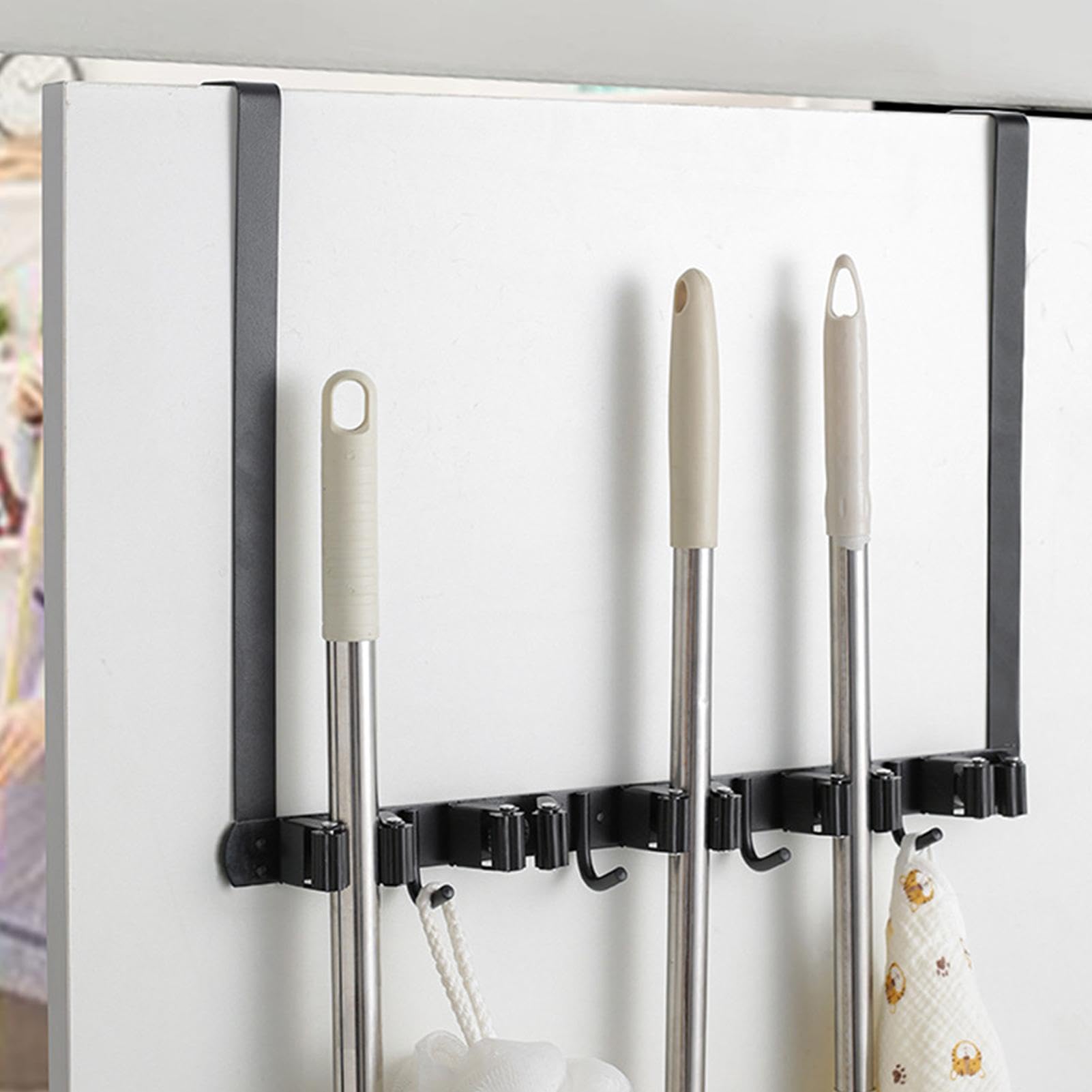 Wall Mounted Broom Holder - No Drill Mop Hanger for Kitchen, Bathroom, Home & Office | Space Saving Storage Organizer for Brooms, Mops & Cleaning Tools