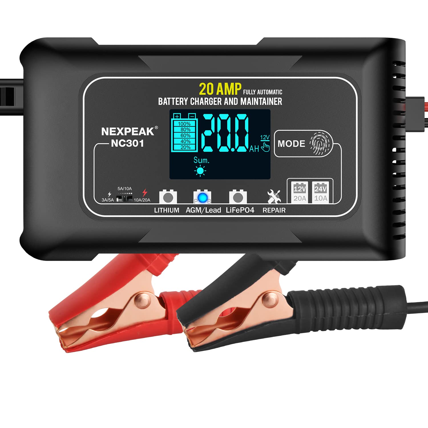 NEXPEAK NC301 20-Amp Smart Car Battery Charger - 12V/24V Automatic LiFePO4 Charger with Temperature Compensation - Ideal for Cars, Trucks, Boats, RVs - Maintains Lead Acid & Lithium Batteries - Perfect for Winter Storage & Long-Term Vehicle Maintenance