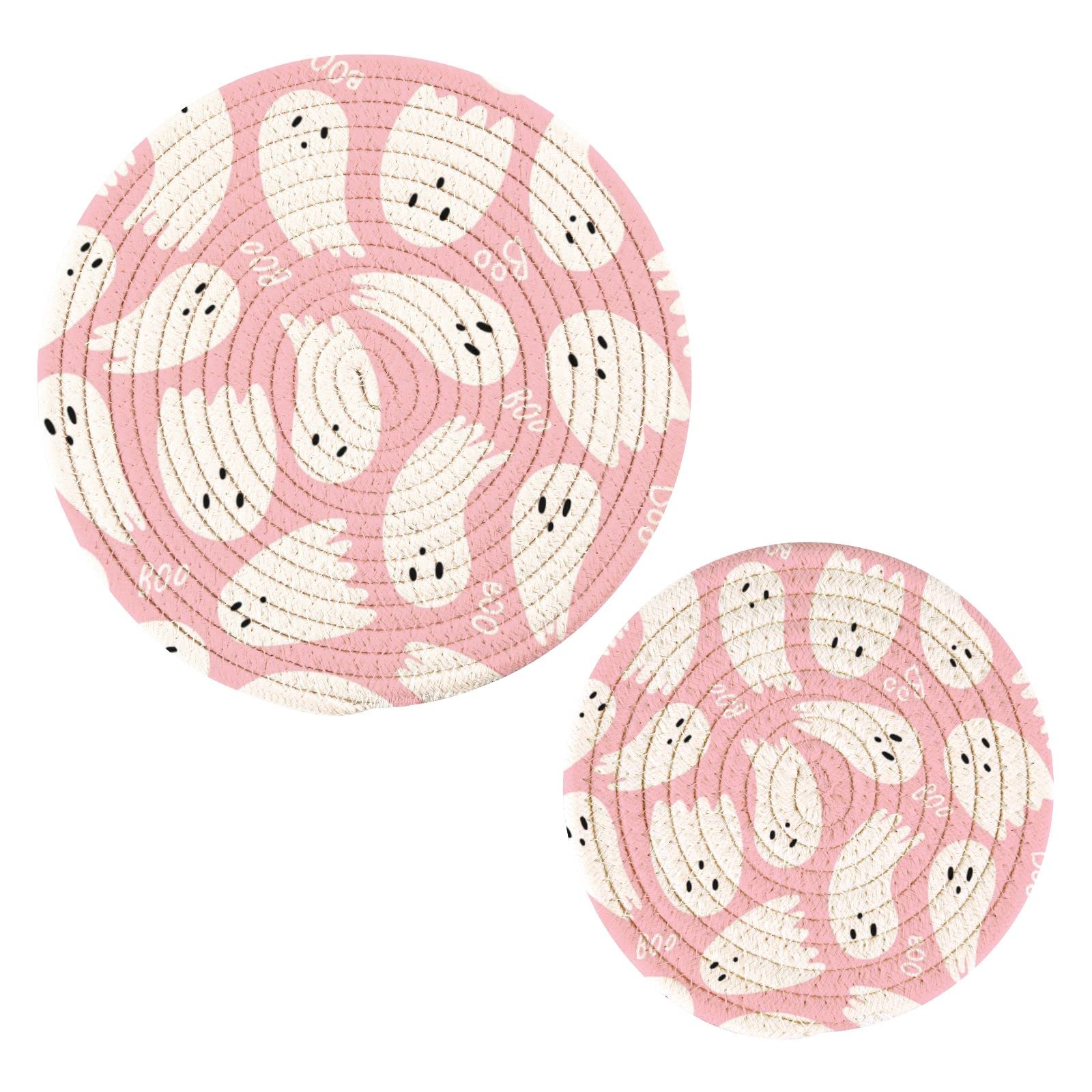 Halloween Ghost Cute Pot Holders Set of 2 - Heat Resistant Kitchen Trivets for Hot Pans, Pots & Bowls - Boo Pink Cotton Woven Hot Pads - Perfect for Halloween Decor & Kitchen Protection