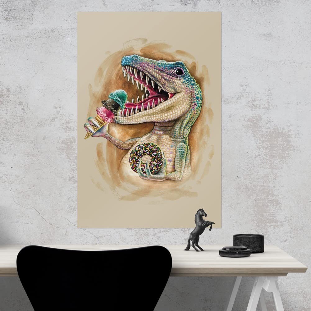T-Rex Dinosaur Donut Ice Cream Jurassic Junkie Wall Art - Funny Dinosaur Poster for Home Decor, Bedroom & Office - Unique Gift for Dino Lovers