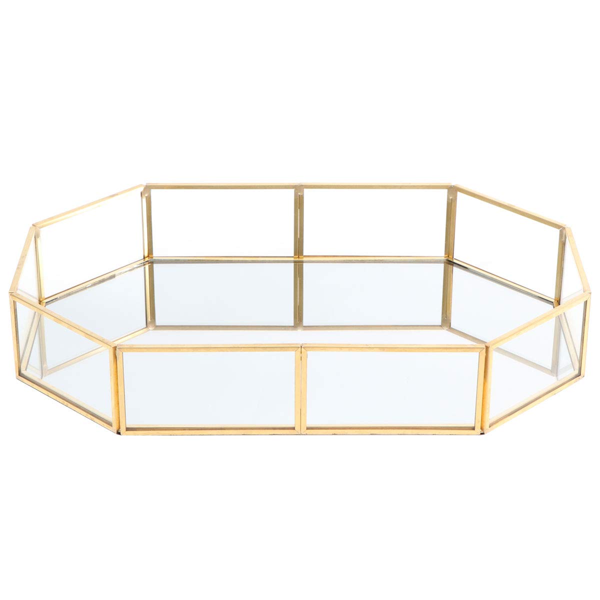 Cabilock Golden Jewelry Display Tray - Geometric Makeup Storage Box with Glass Top - Perfect for Organizing Rings, Earrings & Necklaces on Dresser or Vanity