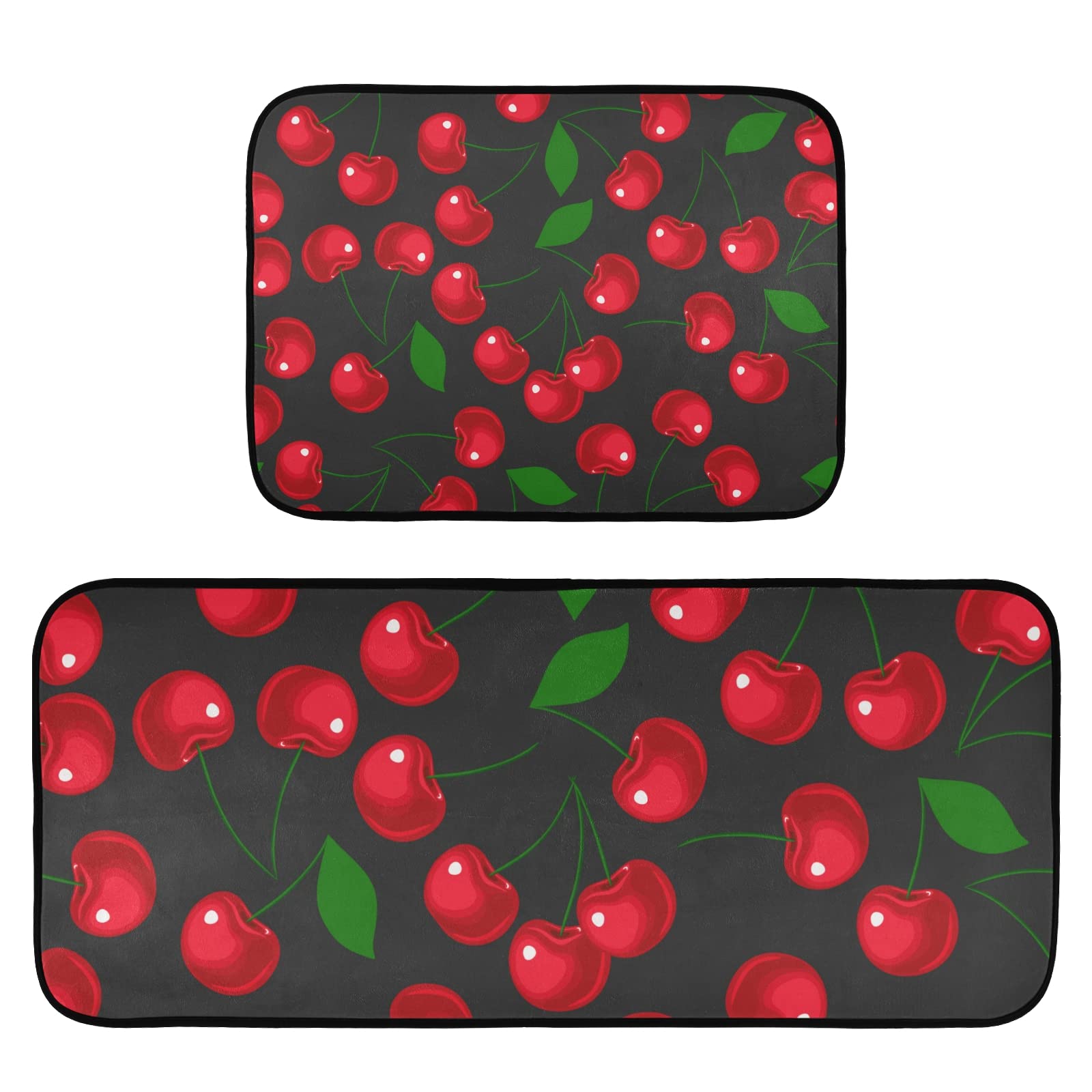 Premium 2-Piece Red Cherry Kitchen Rugs Set - Cushioned Anti-Fatigue Non-Slip Mats, Washable Farmhouse Decor for Indoor & Outdoor Use - Perfect for Kitchens, Entryways, and Laundry Rooms