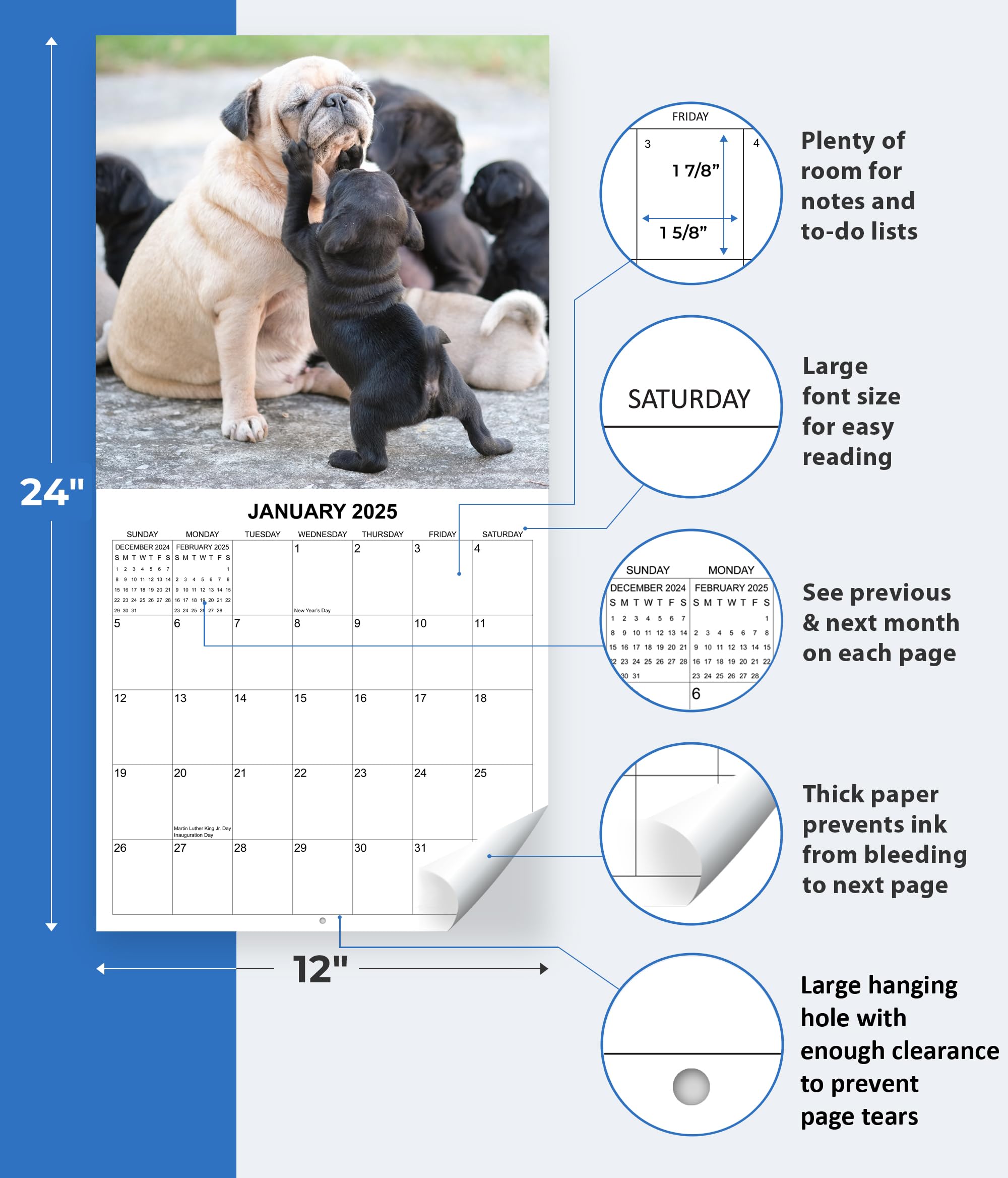 2025 Pugs Monthly Wall Calendar - 12