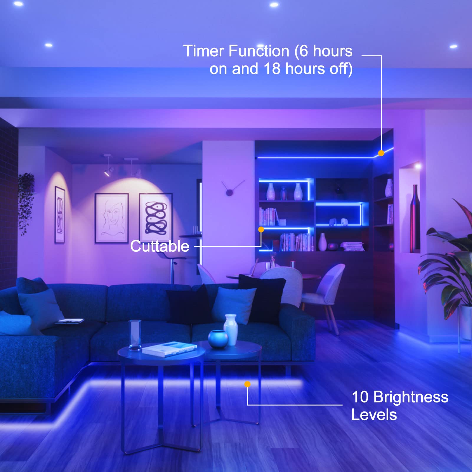 Echosari Blue LED Strip Lights - Waterproof, Battery Operated with Remote Control | 8 Lighting Modes, Dimmable, Timer Function | Self-Adhesive & Cuttable 3M 90-LED Light Strips for Indoor & Outdoor Decoration - Perfect for Bedrooms, Parties, Holidays & Home Decor