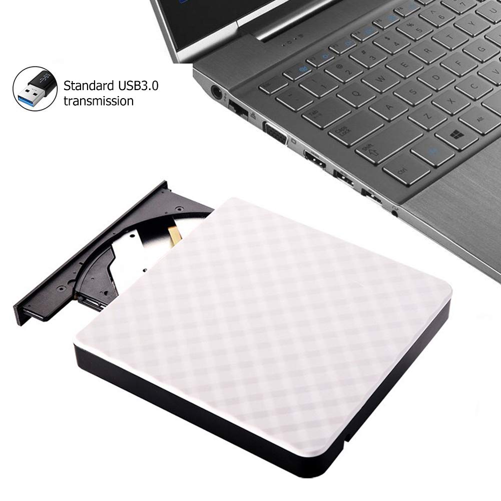 KAISAN Slim Portable USB 3.0 External DVD Drive Burner Writer - CD/DVD ROM Reader for Laptop, Desktop, MacBook (Mac OS & Windows 10/8/7/XP/Vista) - White | Perfect for Home Office, Travel & Media Backup