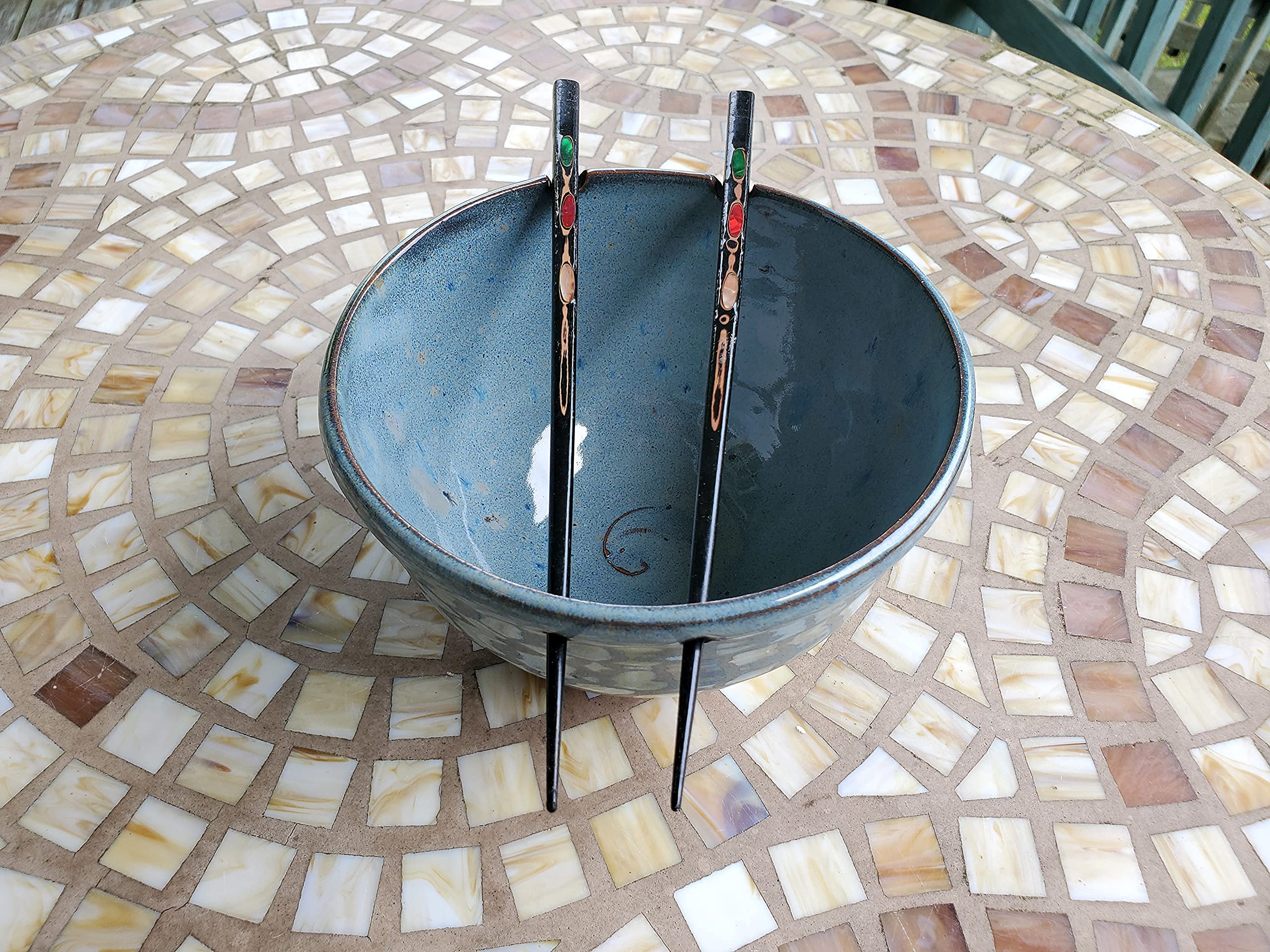 Handmade Slate Blue Ceramic Noodle Bowl - Artisan Ramen Bowl with Chopstick Holder - North Carolina Pottery for Asian Cuisine & Home Dining