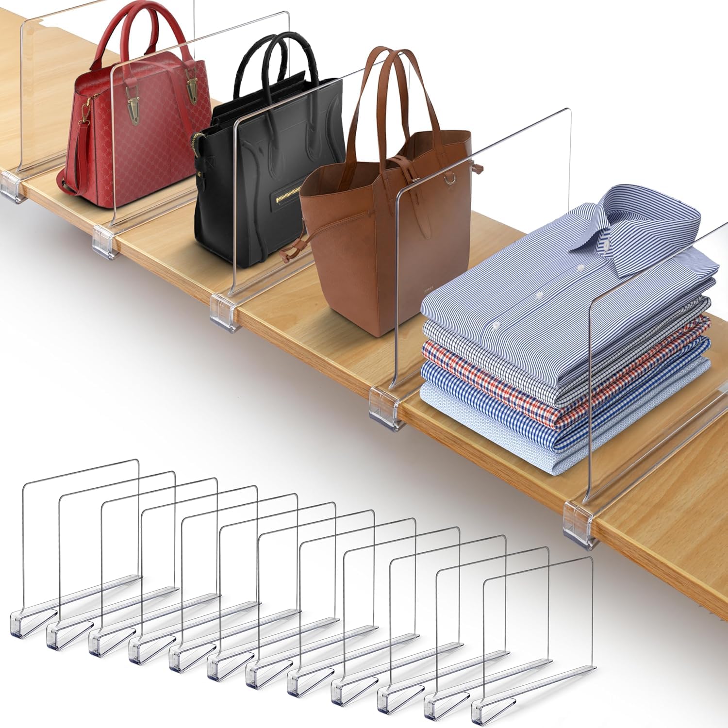 Clear Acrylic Shelf Dividers for Closet - 12 Pack Closet Organizer for Clothes, Purses & Handbags - Transparent Shelf Dividers for Wardrobe Storage - Perfect for Closet, Pantry & Retail Display Organization