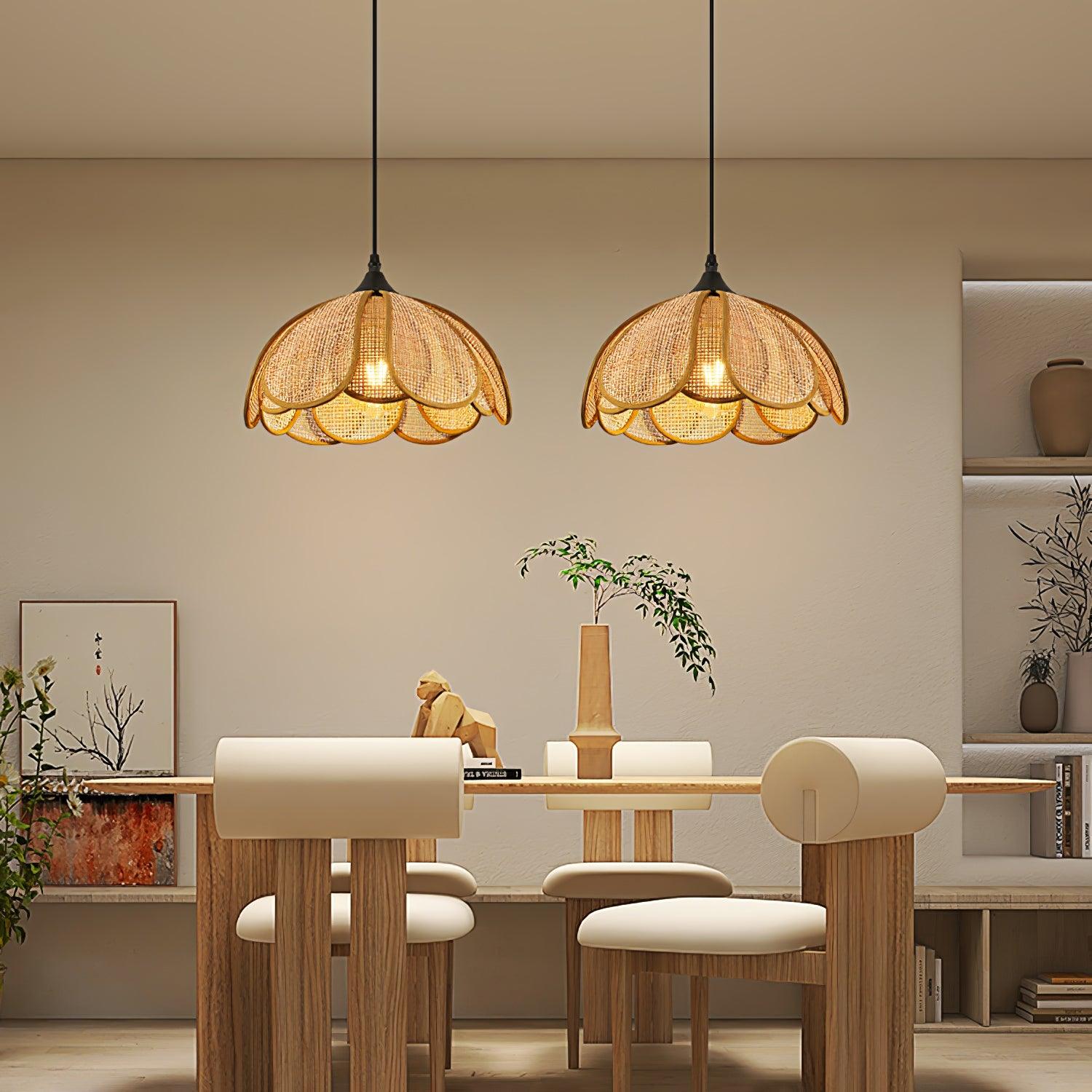 Handwoven Bloom Rattan Pendant Light - Natural Boho Ceiling Lamp for Living Room, Bedroom & Dining Room - Eco-Friendly Wicker Hanging Light Fixture for Indoor Decor