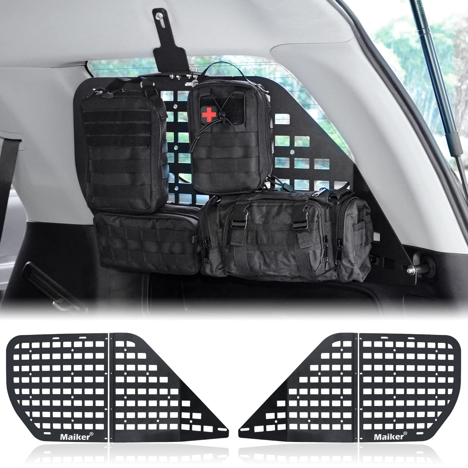 MAIKER Rear Window Molle Panel Modular Storage System for Toyota 4Runner 2010-2023 - Includes 4 Storage Bags & 10 Fastening Straps | Perfect for Off-Road Gear Organization, Camping Equipment & Emergency Supplies