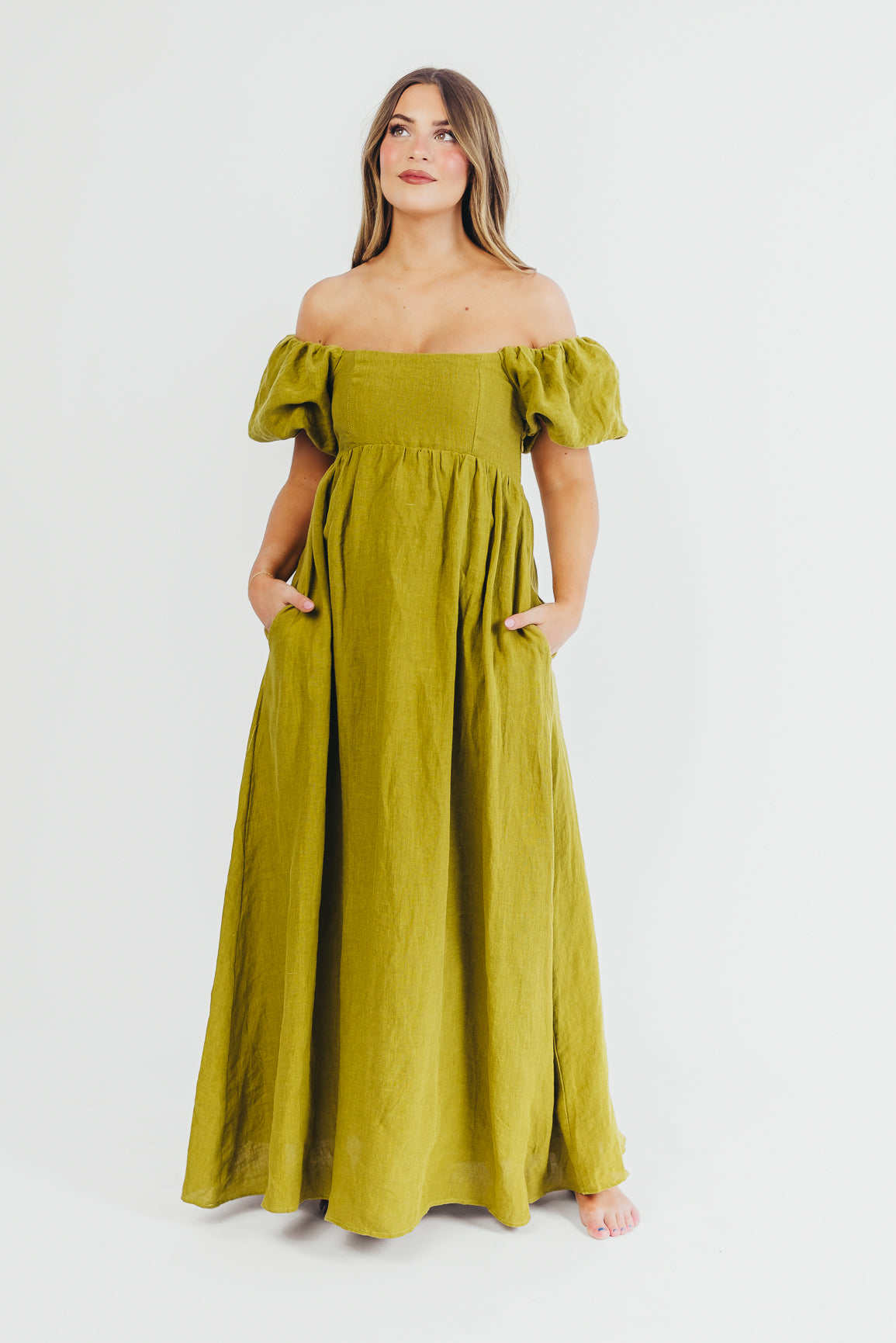 Candace Maxi Dress in Olive - 100% Linen Bump Friendly Maternity Dress for Women - Perfect for Summer, Beach, and Casual Outings