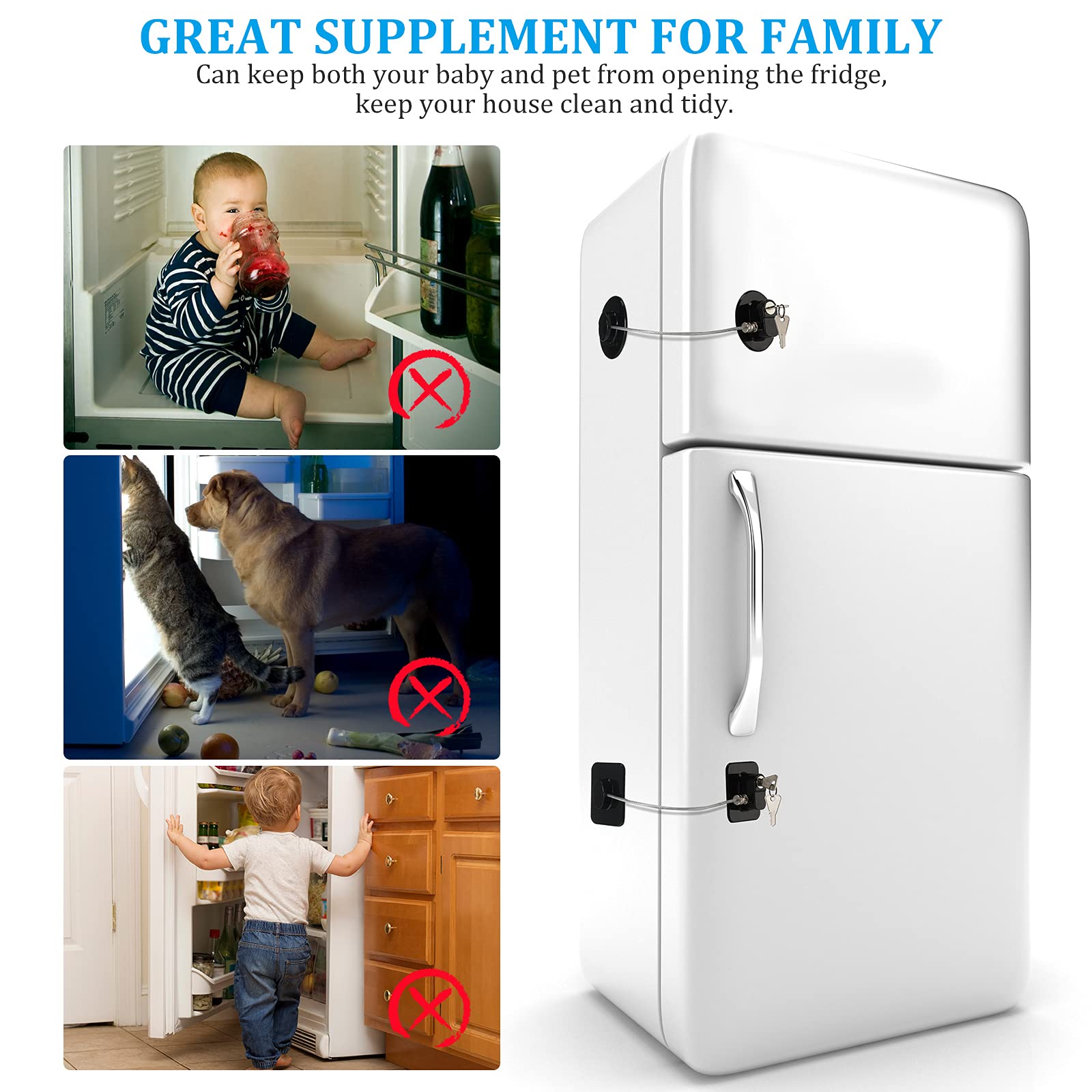 4-Piece Refrigerator Lock Set with 8 Keys - Child Safety Locks for Fridge, Freezer, Cabinets, Drawers & Toilet Seats - Durable Black Kitchen Appliance Security for Homes with Kids & Pets