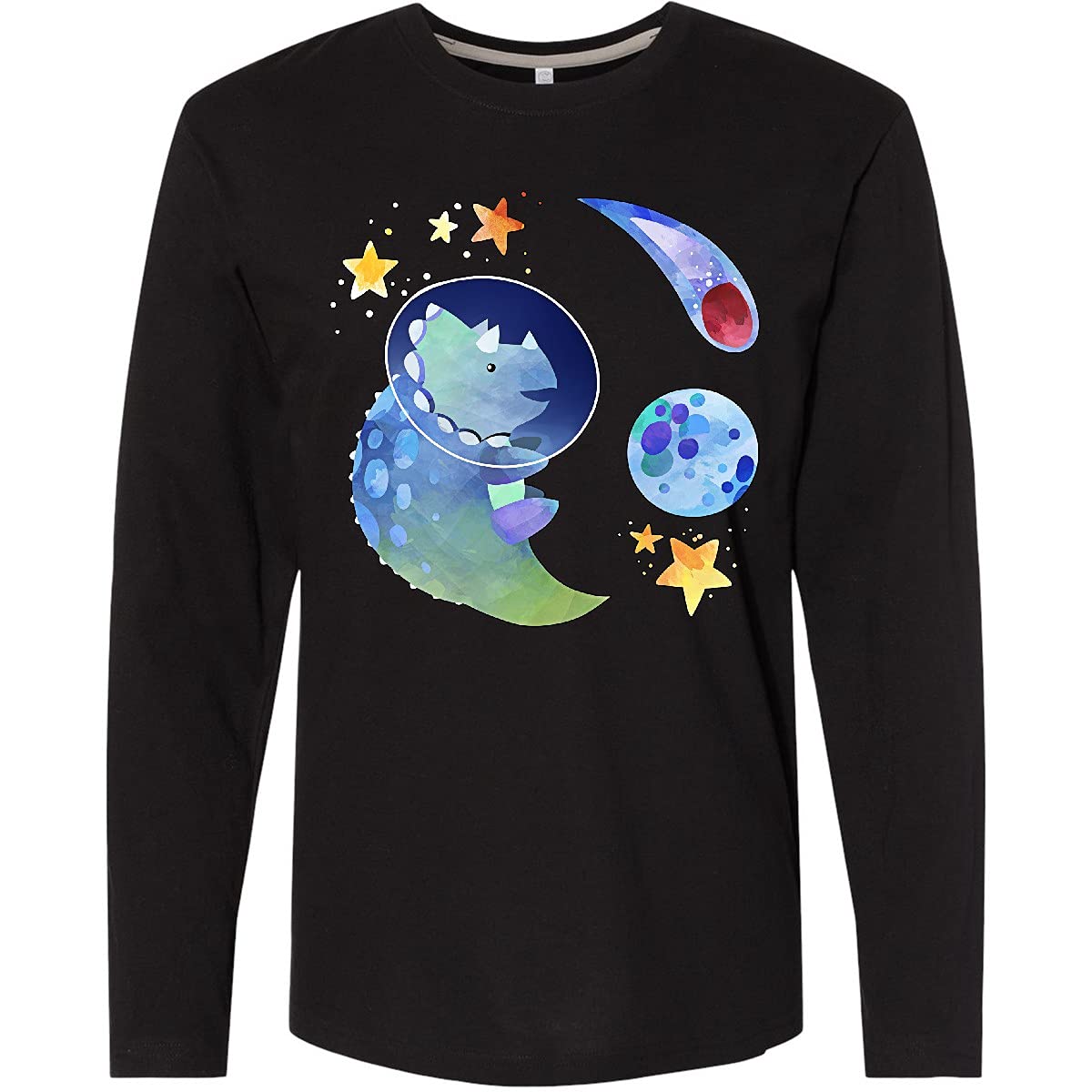Inktastic Triceratops in Space with Planets and Stars - Dinosaur Graphic Long Sleeve T-Shirt for Men & Women - Perfect for Space Enthusiasts, Dinosaur Lovers, and Casual Wear